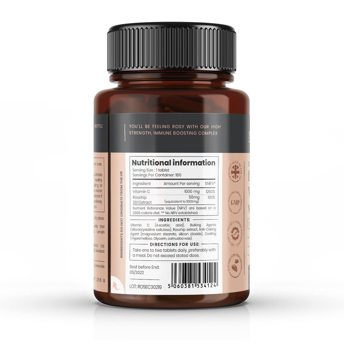 Pureclinica Vitamin C with Rosehip – 2000mg (1000mg VIT C & 1000mg Rosehip Extract) x 180 Tablets