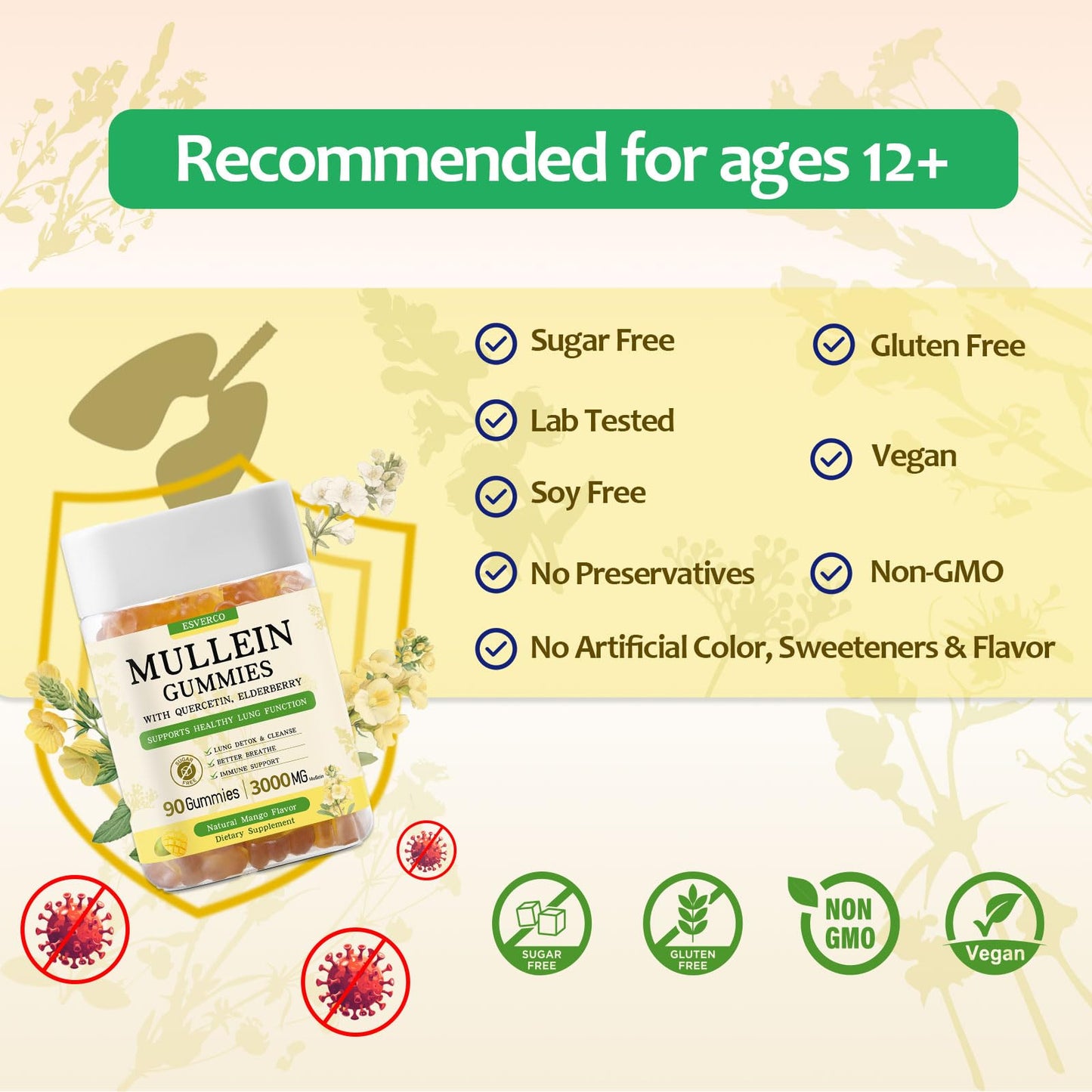 Esverco Mullein Gummies 3000mg Mullein Leaf Extract Lung Cleanse, 90 Count