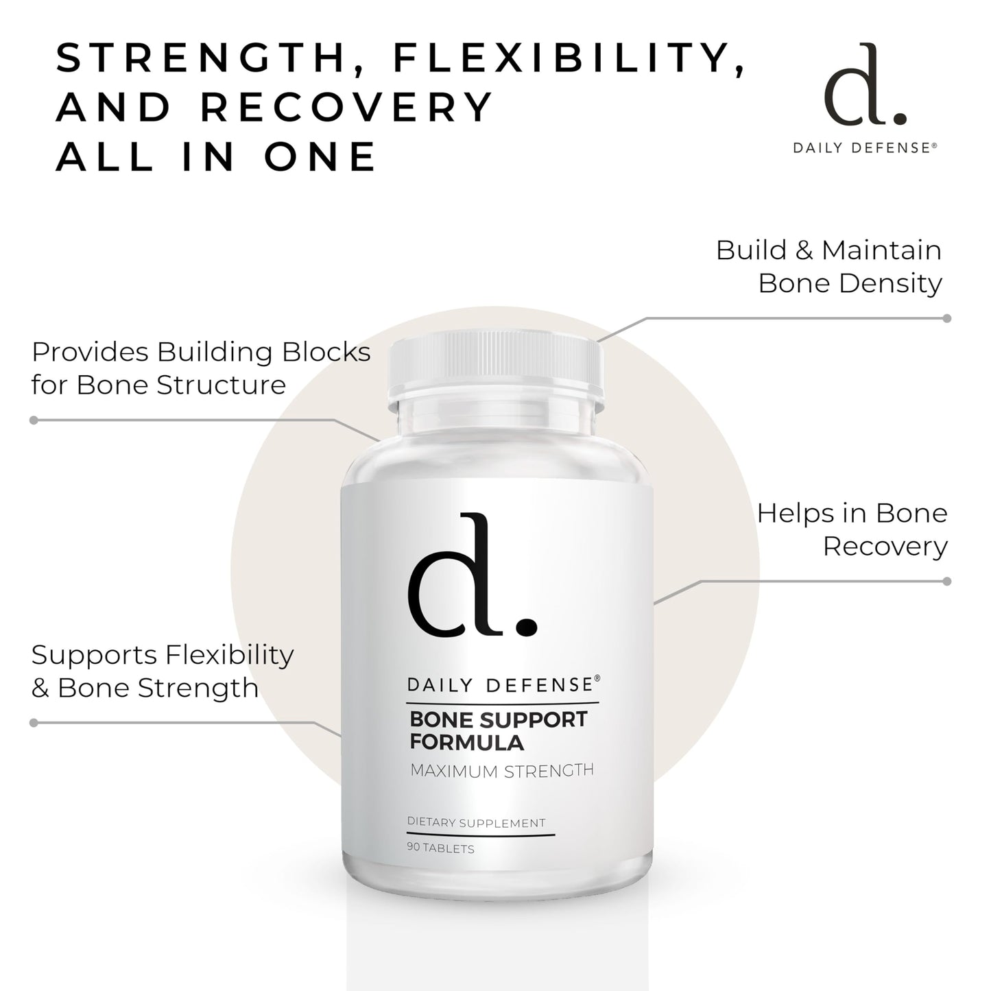 Daily Defense Calcium Supplements for Women & Men - Bone Support Formula with Calcium 1000mg, Magnesium, L-Lysine HCl, 90 Tablets