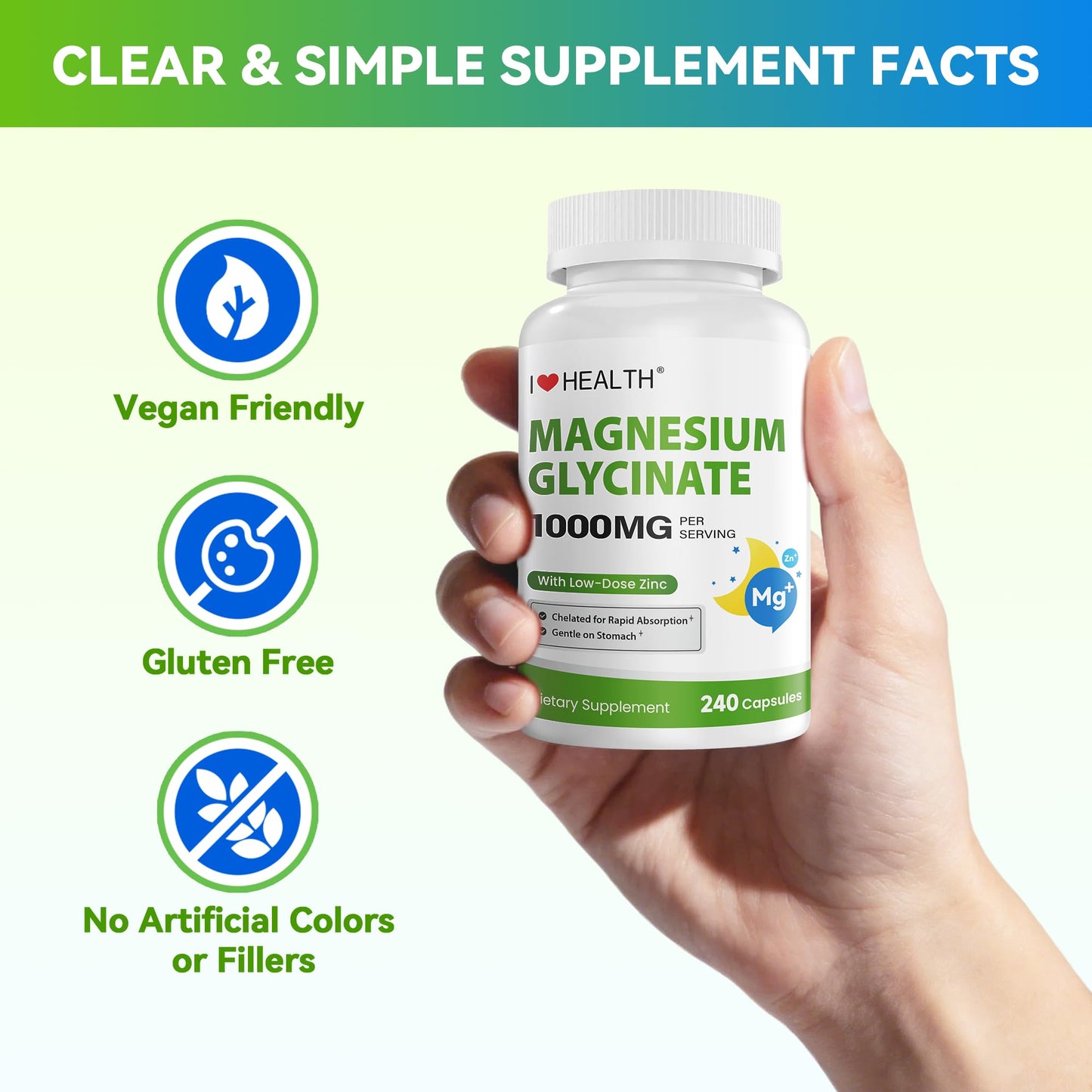 I LOVE HEALTH Magnesium Glycinate – Elemental Magnesium 200mg with Zinc 2mg, 240 Capsules