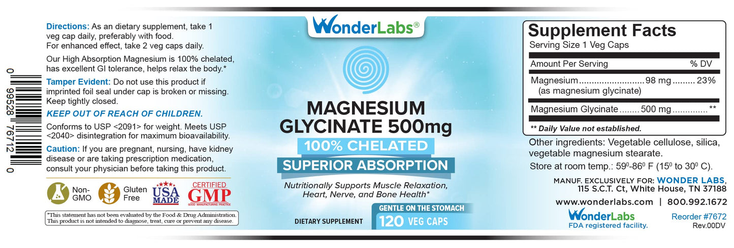 Wonder Laboratories Magnesium Glycinate 500mg Capsule, 120 Capsules