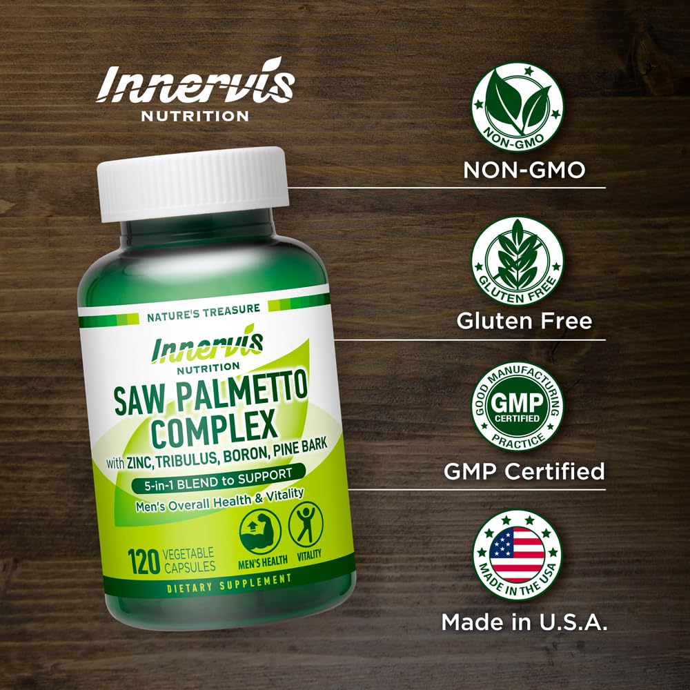 INNERVISNUTRITION Prostate & Urinary Support for Men 5-in-1 Saw Palmetto Complex with Zinc, Tribulus, Boron, Pine Bark 120 Capsules