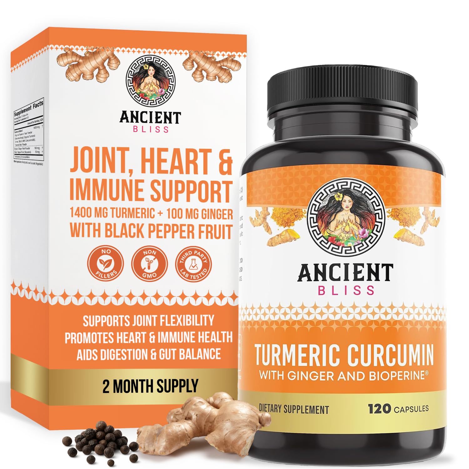 Ancient Bliss Turmeric Curcumin with Ginger & Bioperine, 60 Capsules