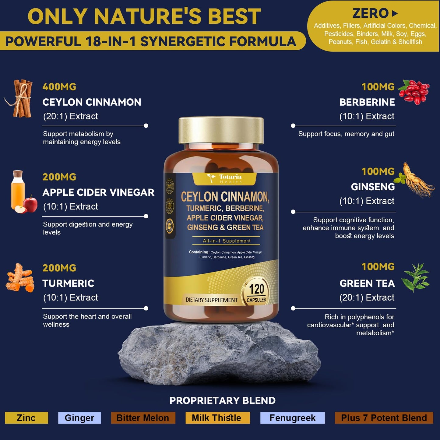 Totaria 18-in-1 Organic Ceylon Cinnamon Capsules with Berberine, 120 Capsules