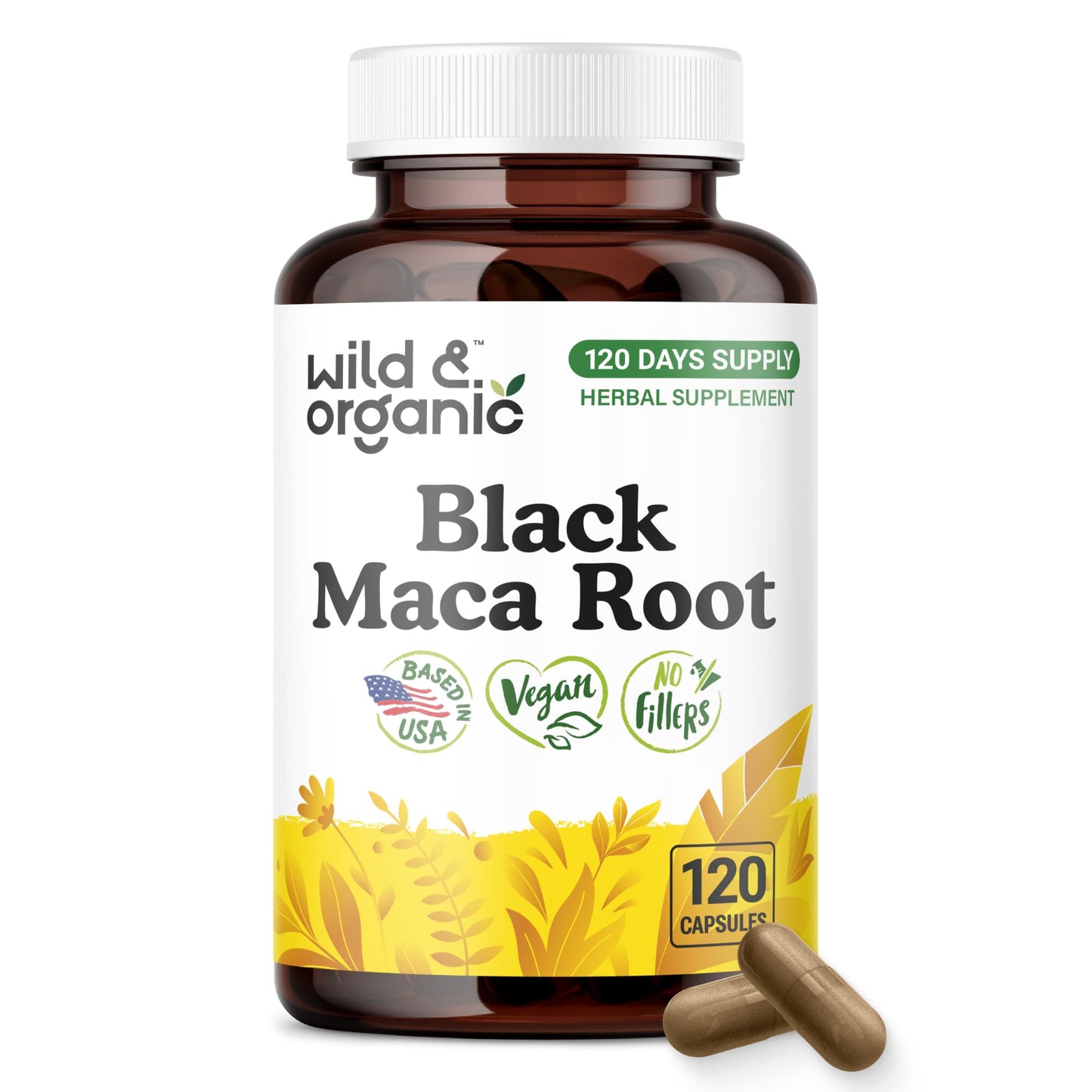 Wild & Organic Black Maca Root Capsules 500 mg, 120 Capsules