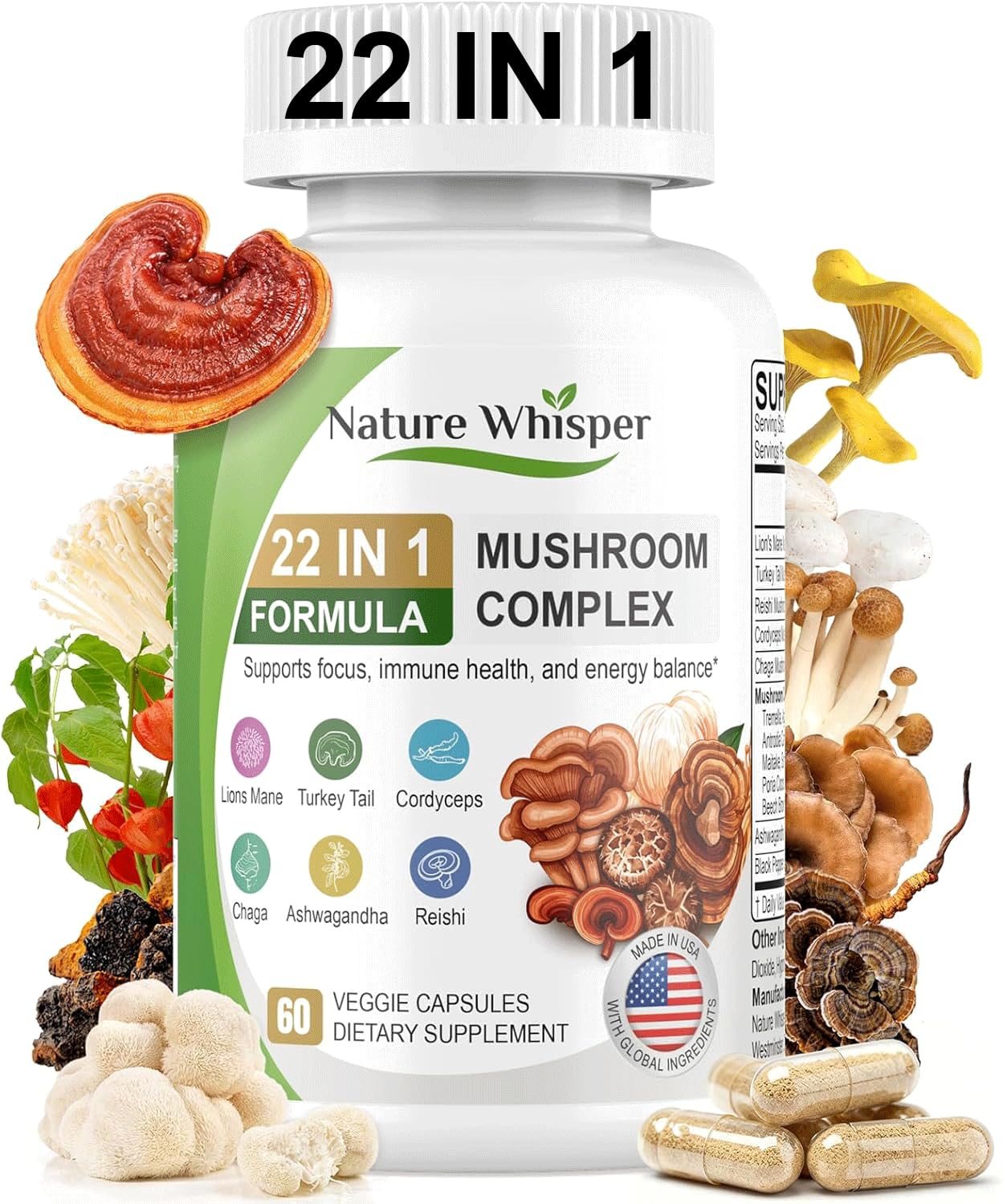 Nature Whisper 22 in 1 Lions Mane Mushroom Supplement with Ashwagandha & Black Pepper, 60 Capsules