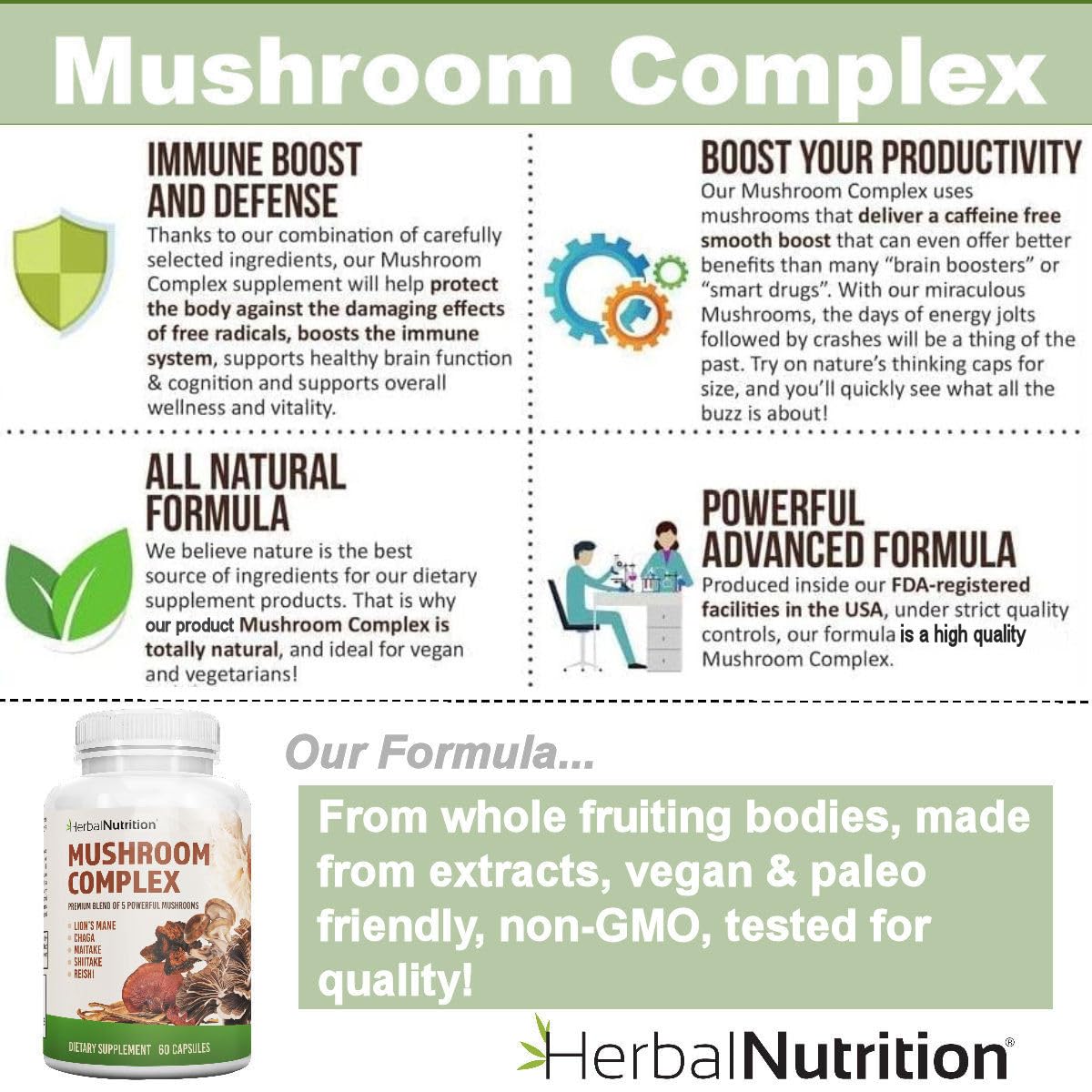 Herbal Nutrition Mushroom Complex 700-1400mg Capsules, 120 Count