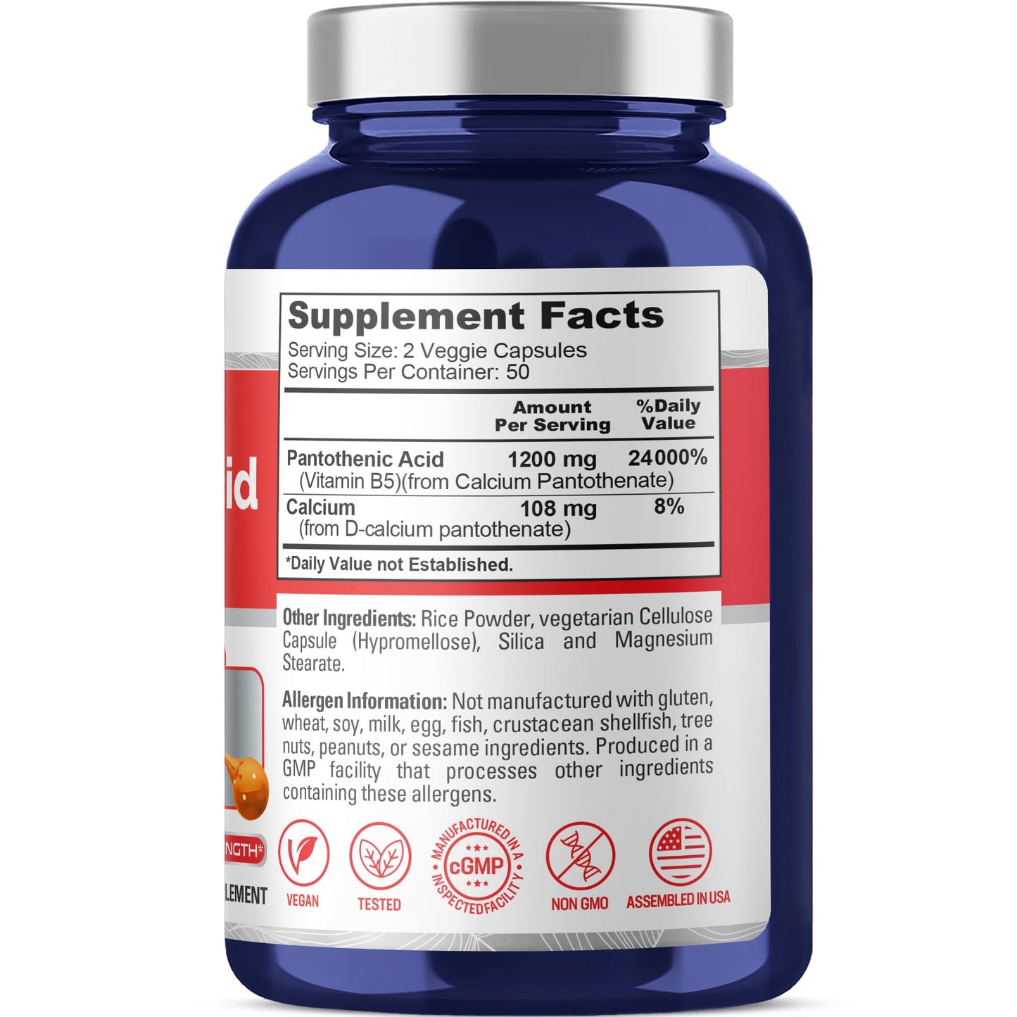 NusaPure Vitamin B5 Pantothenic Acid 1200mg Capsules, 100 Count