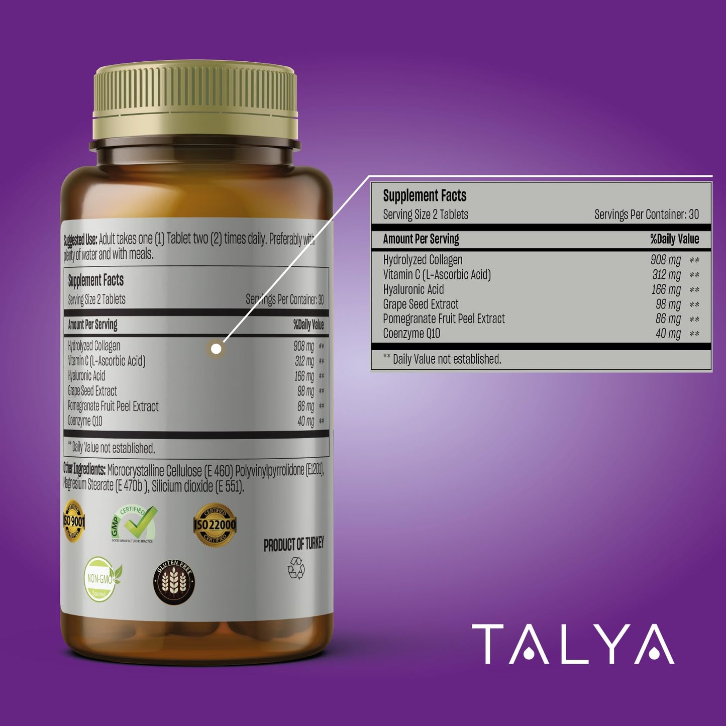 TALYA Collagen Pills with Hyaluronic Acid + Vitamin C Tablets, 60 Tablets