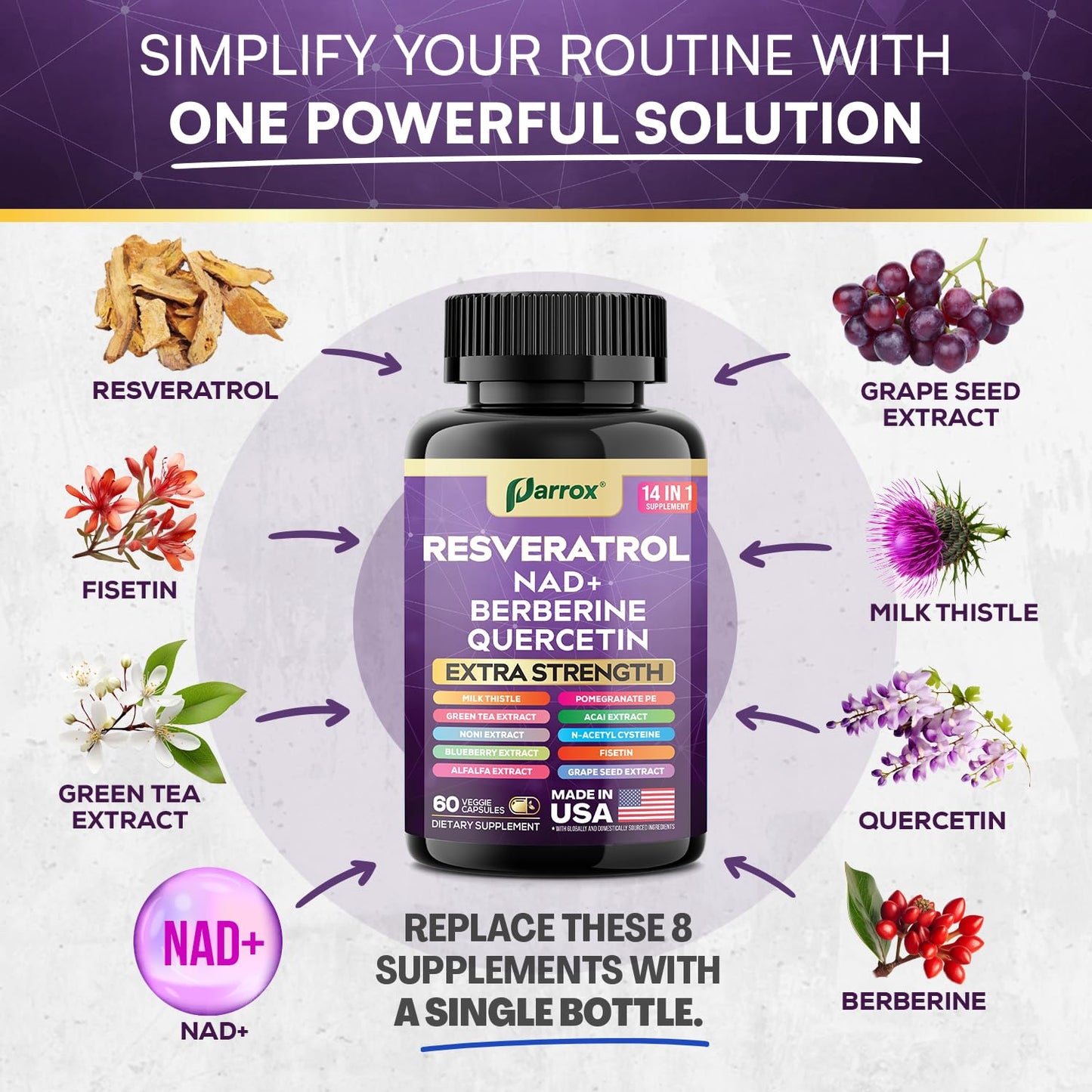 Parrox Resveratrol Supplement, 14-in-1 NAD, Berberine & Quercetin Capsule, 60 Count