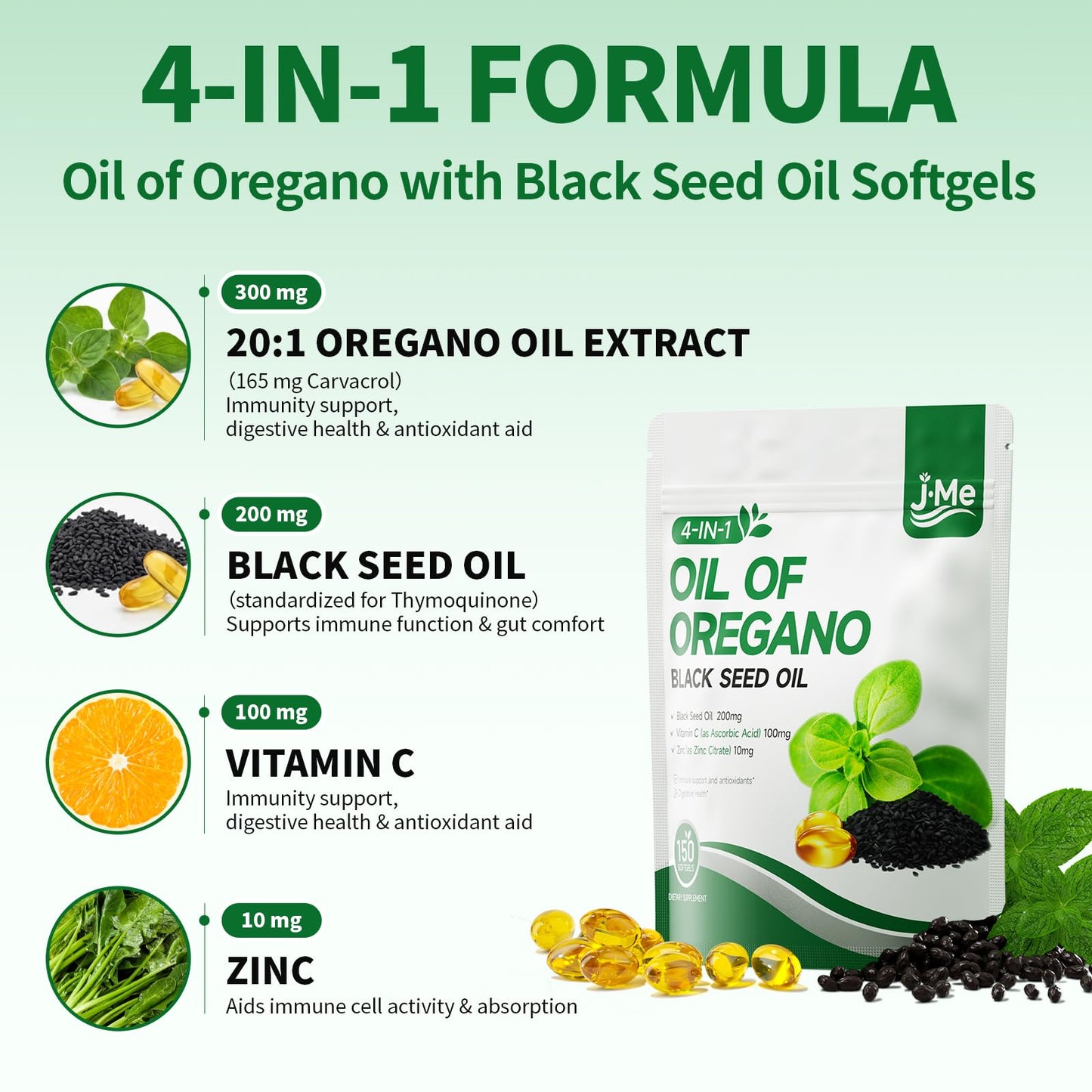 JME 4-in-1 Oil of Oregano with Black Seed Oil Softgels, 150 Count