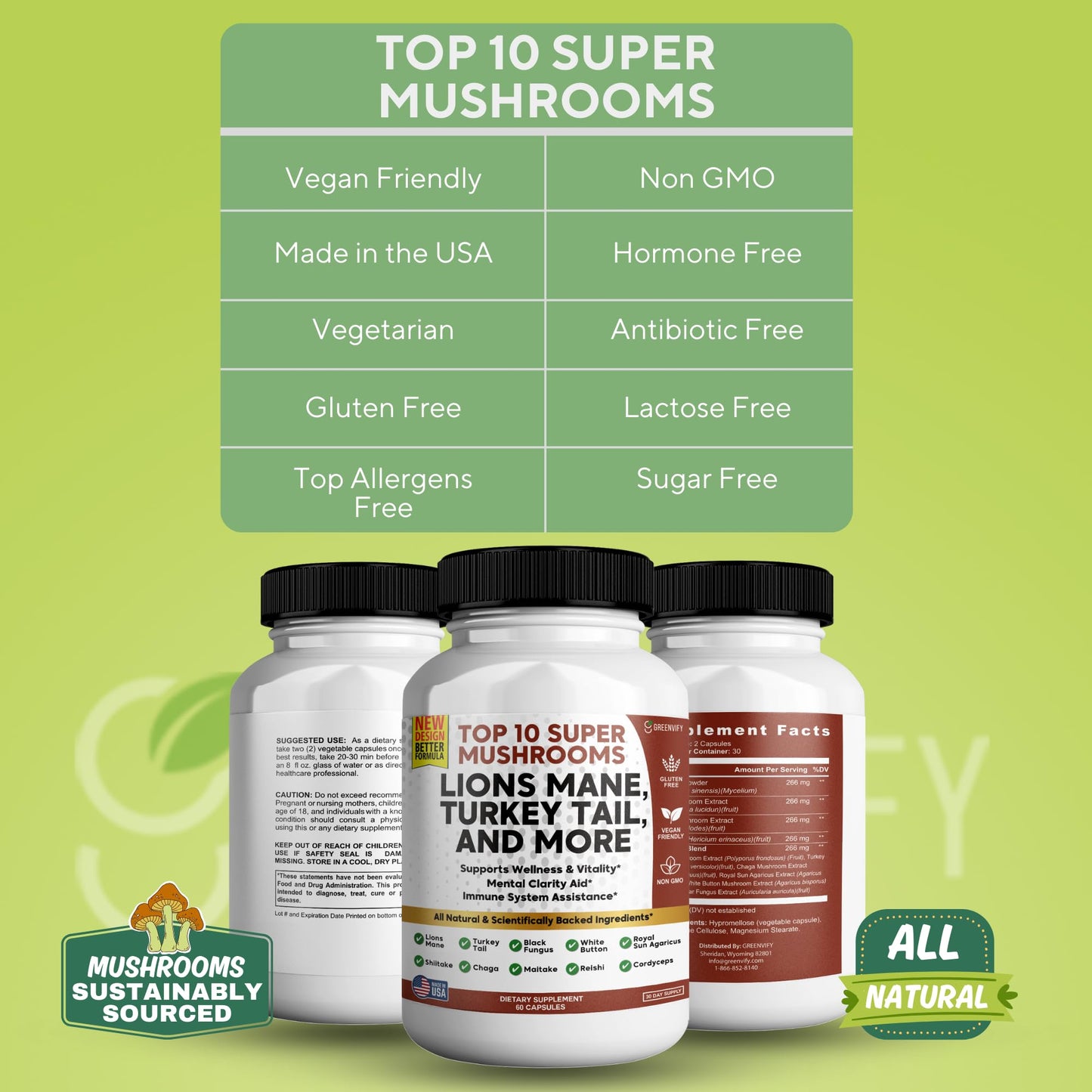 GREENVIFY Lions Mane 10 Super Mushrooms Supplement - Lions Mane, Reishi, Cordyceps, Shiitake Extracts, 120 Capsules