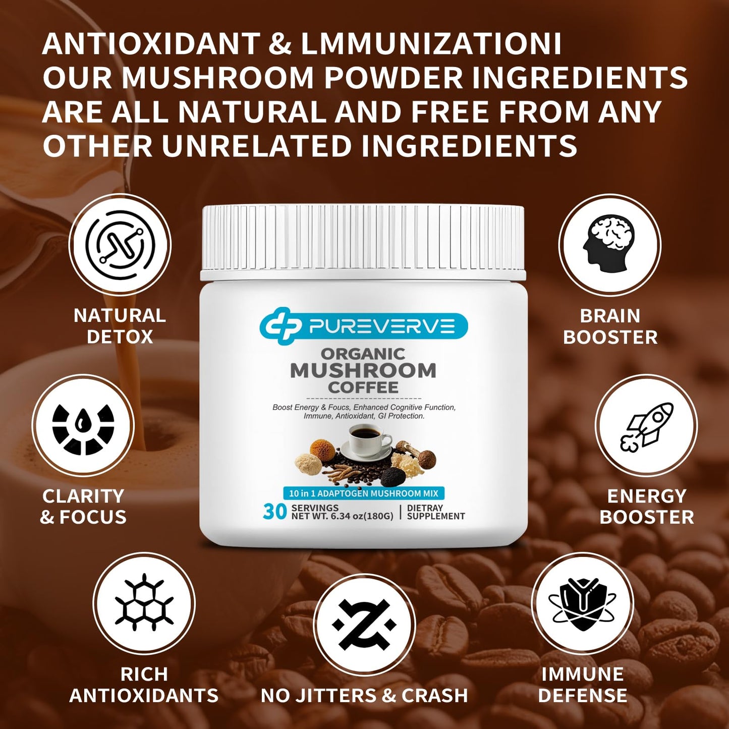 Pureverve Organic Mushroom Coffee Instant Powder, 10 Mushroom Powder Blend, 6.34 Ounce