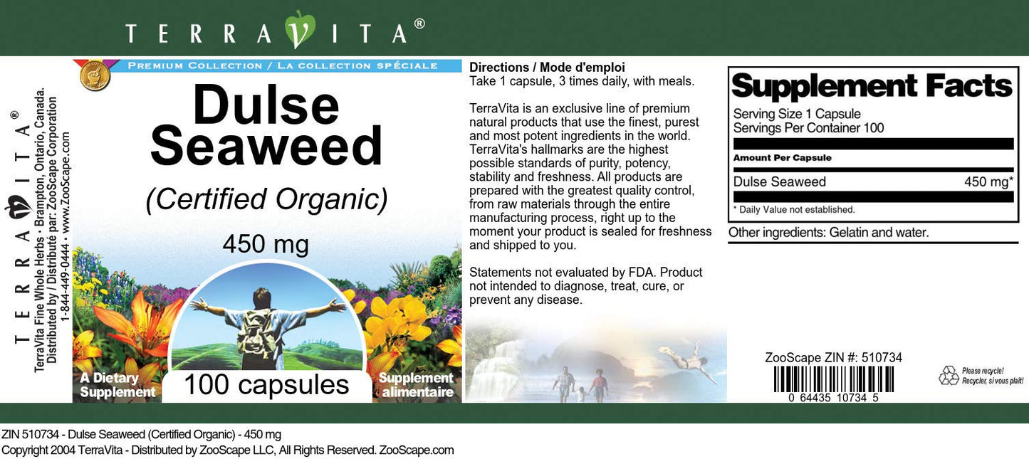 Terravita Dulse Seaweed (Certified Organic) 450 mg Capsules, 100 Count