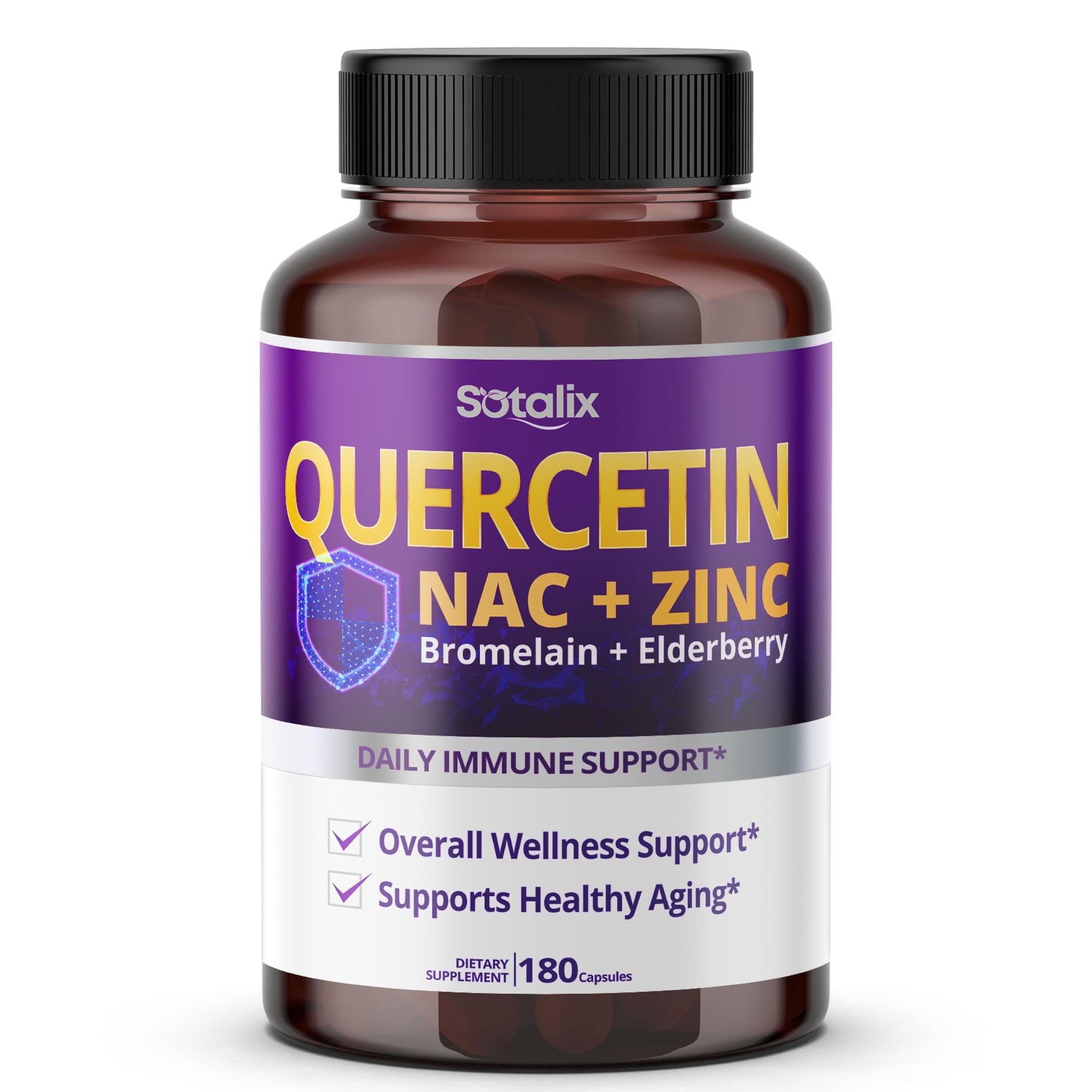 Sotalix Supplement Quercetin 98% High Purity with Bromelain, Zinc, Vitamin D3 2000 IU, Elderberry Capsules 180 Count