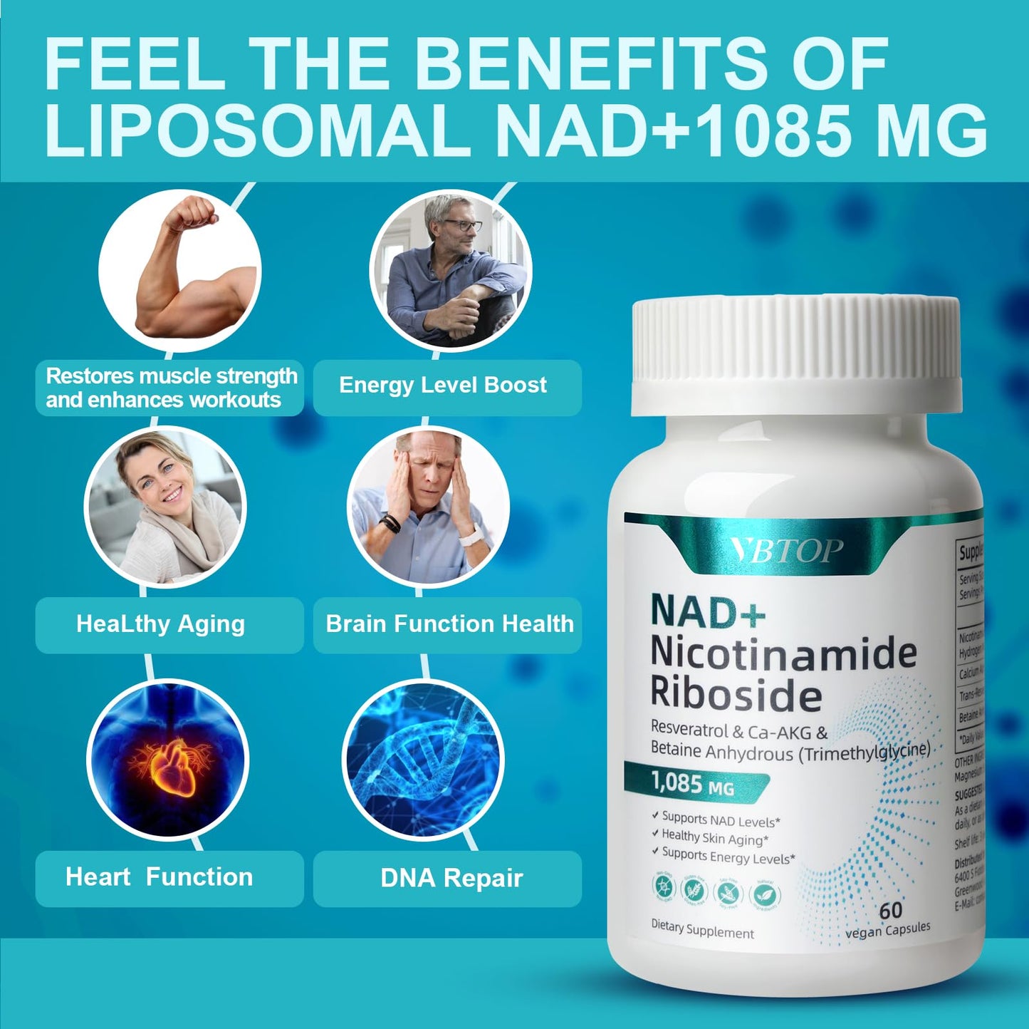 VBTOP NAD+ Supplement 500mg Nicotinamide Nucleoside with Trans-Resveratrol Capsules, 120 Count