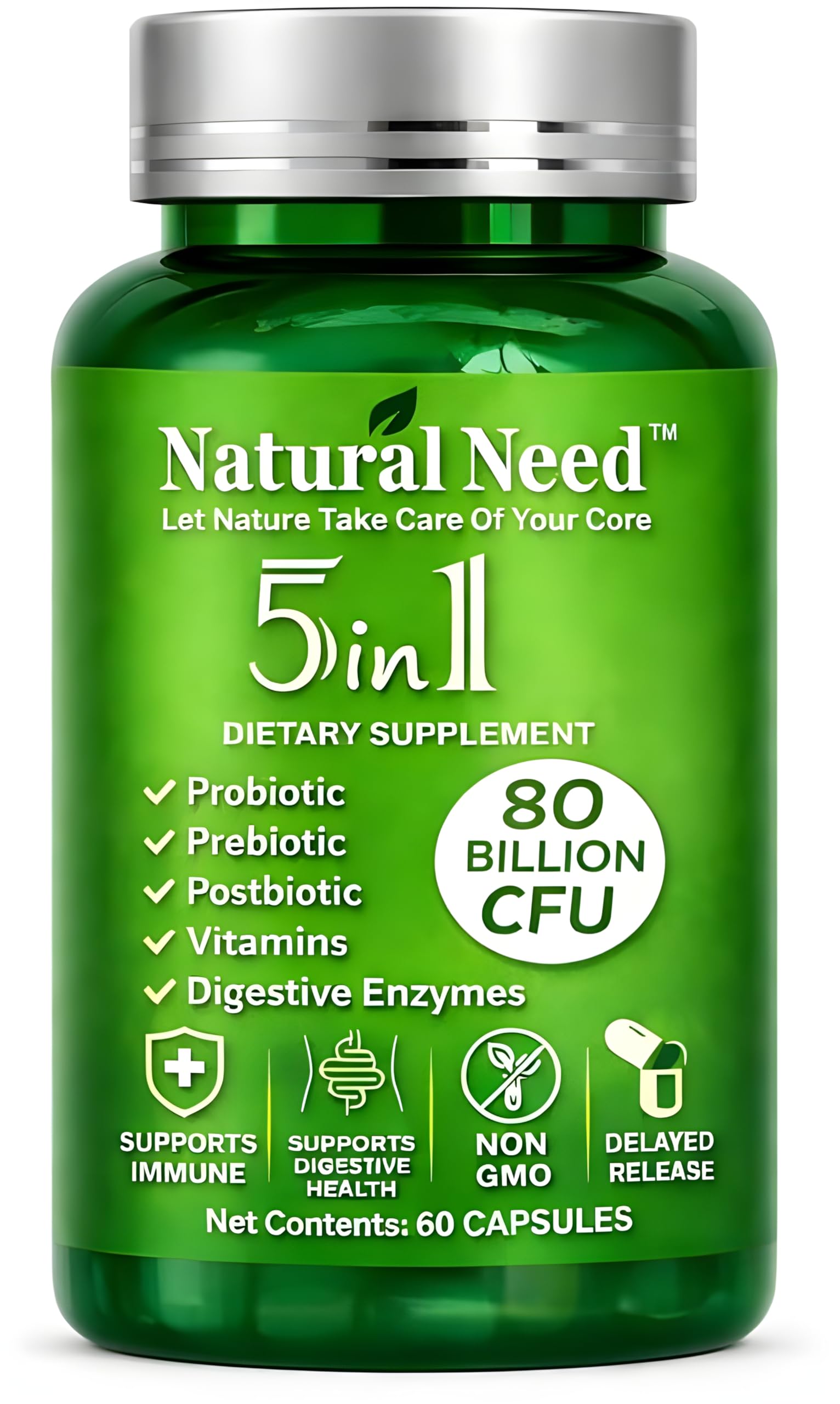 NATURAL NEED Gut Health 5-in-1 Formula with Probiotics, Prebiotics, Postbiotics, Enzymes & Vitamins Delayed Release Capsule 60 Capsules
