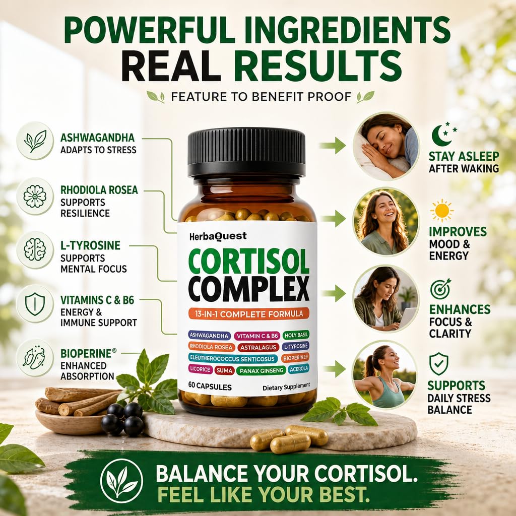 HerbaQuest Cortisol Reducer for Women – Rhodiola Rosea Supplement with Ashwagandha & L-Tyrosine, 13-in-1 Best Supplement to Reduce Cortisol, 60 Capsules