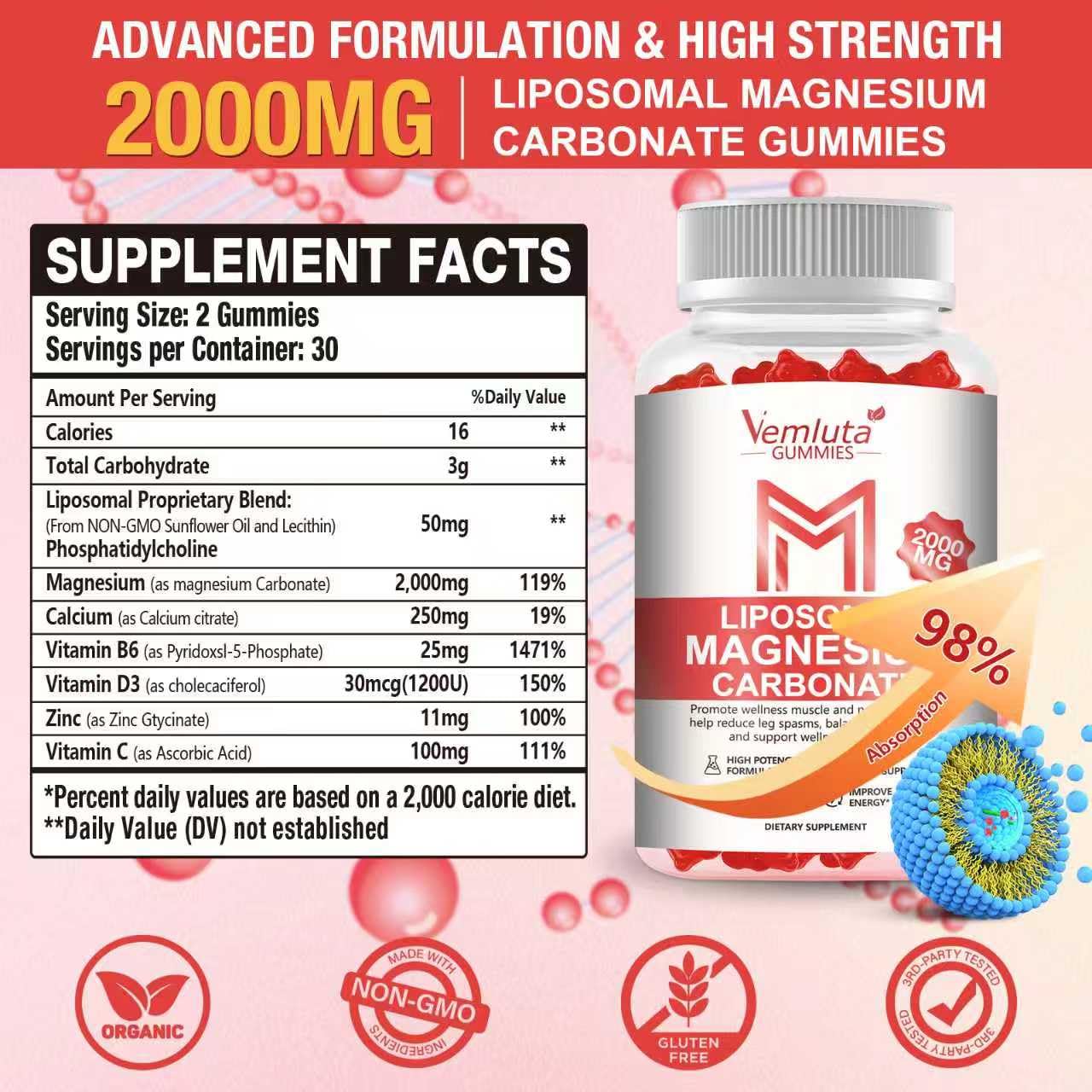 Vemluta Liposomal Magnesium Carbonate Gummies, 60 Count