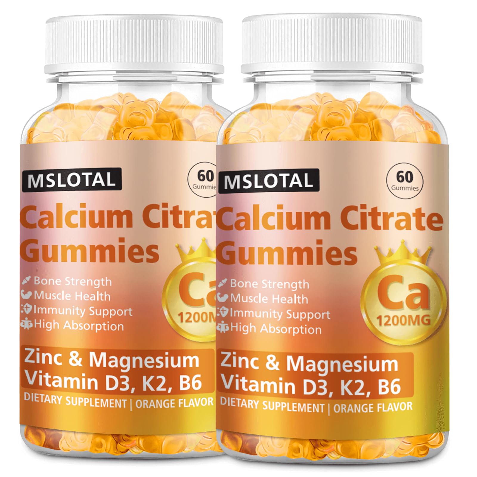 MSLOTAL Calcium Citrate Gummies 1200mg with Vitamin D3, B6, B12, Magnesium & Zinc - 120 Gummies