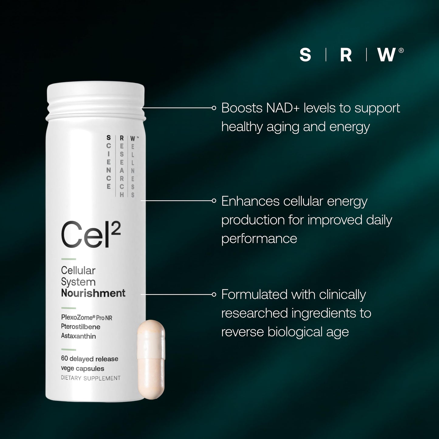 SRW Cel² NR Nourishment NAD+ & Nicotinamide Riboside Supplement Vege Capsules, 60 Capsules