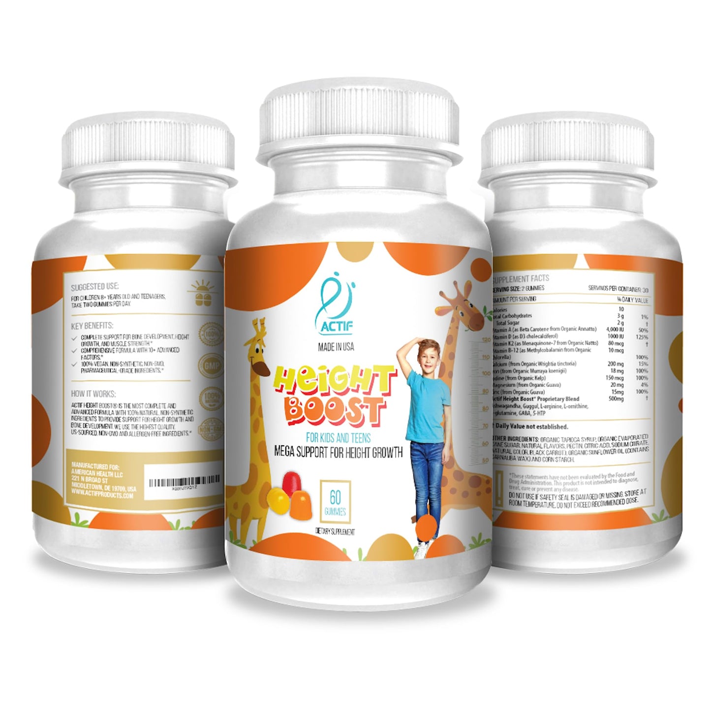 ACTIF Height Boost Mega Support for Height Growth with 10+ Factors for Kids and Teens Gummies, 60 Count