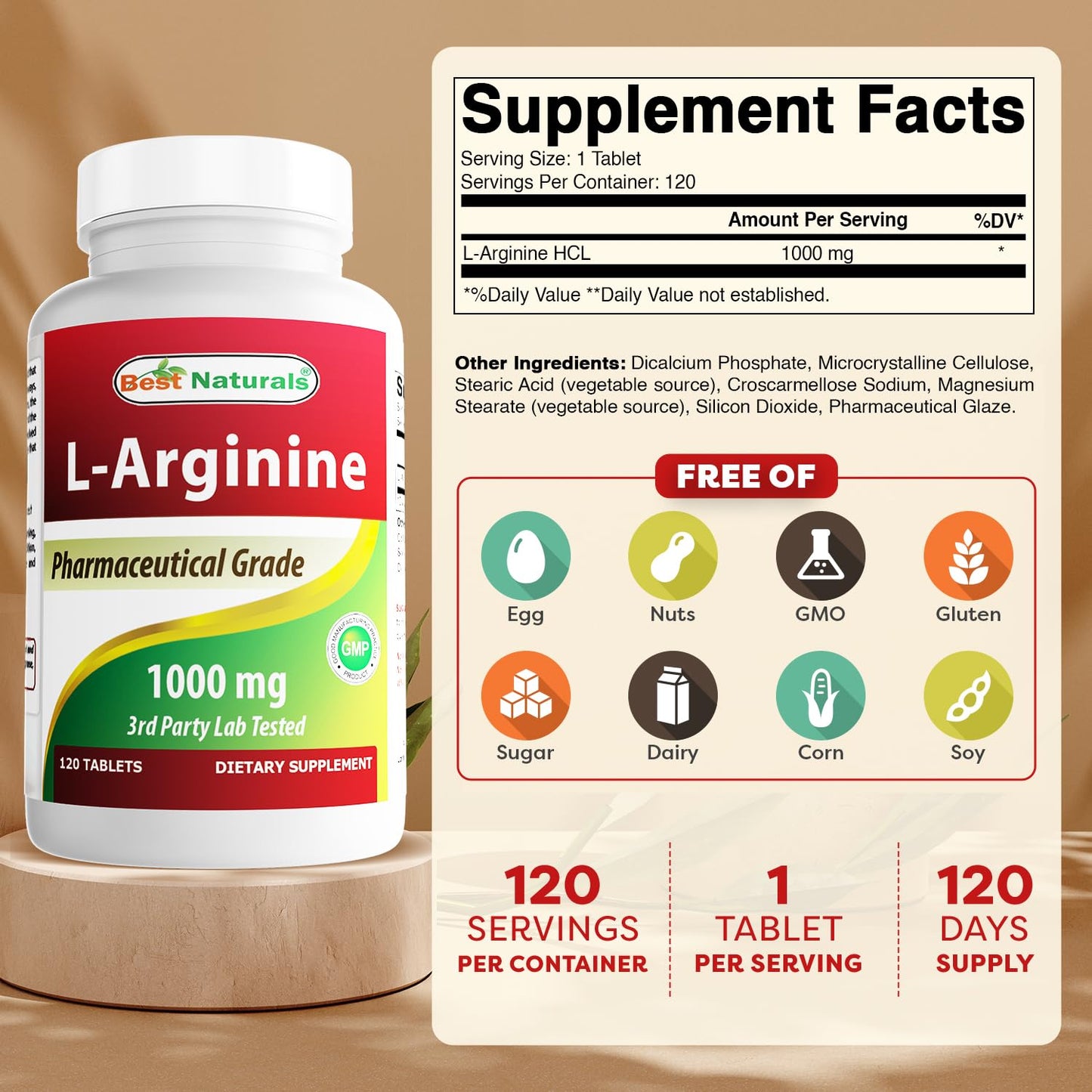 Best Naturals L-Arginine 1000 mg Tablets, 360 Tablets