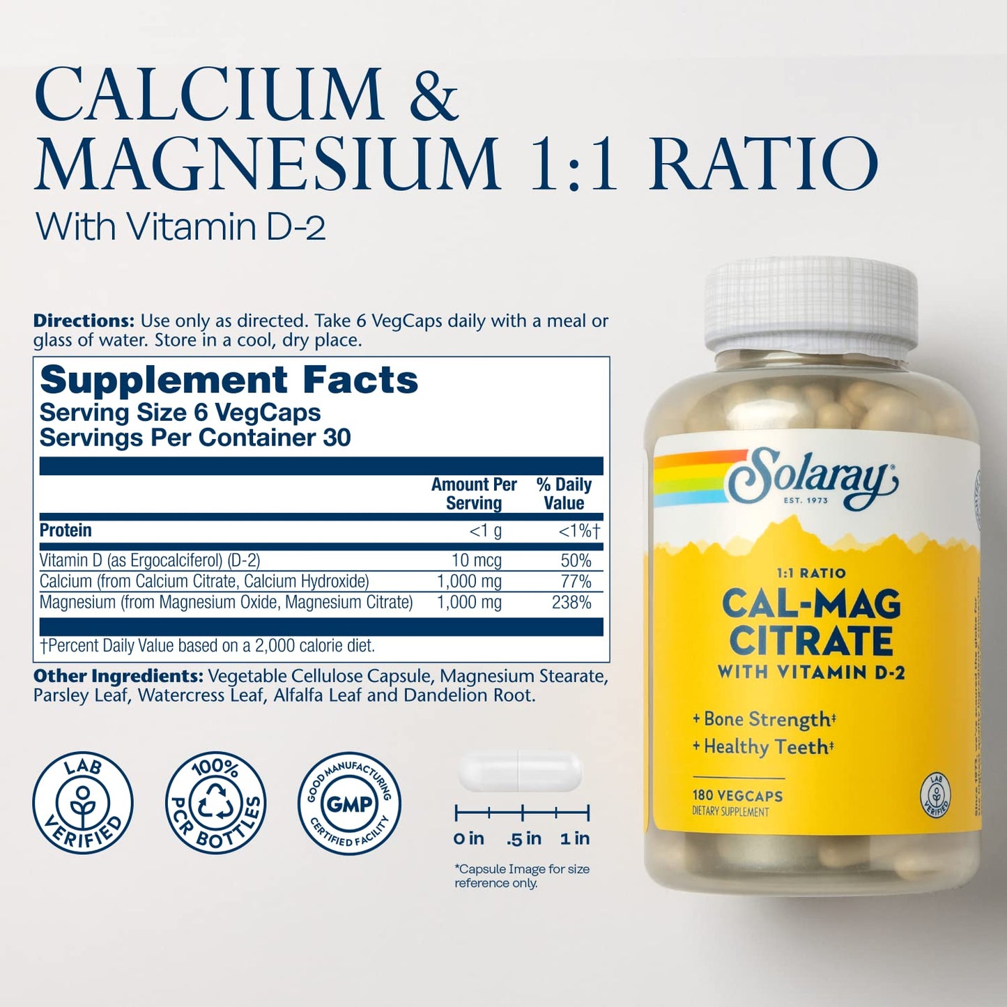 SOLARAY Calcium Magnesium Citrate 1:1 Ratio with Vitamin D - Calcium 1000mg, Magnesium 1000mg - Capsule, 180 VegCaps