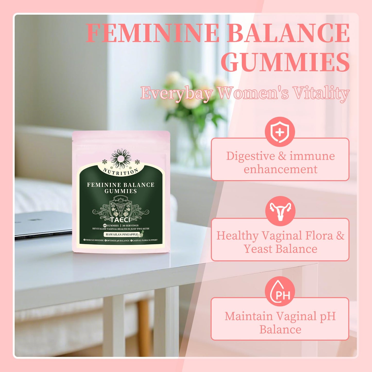 Taeci Feminine Balance Gummies for Women's Health, Hawaiian Pineapple Flavor, 60 Gummies (Pack of 2)
