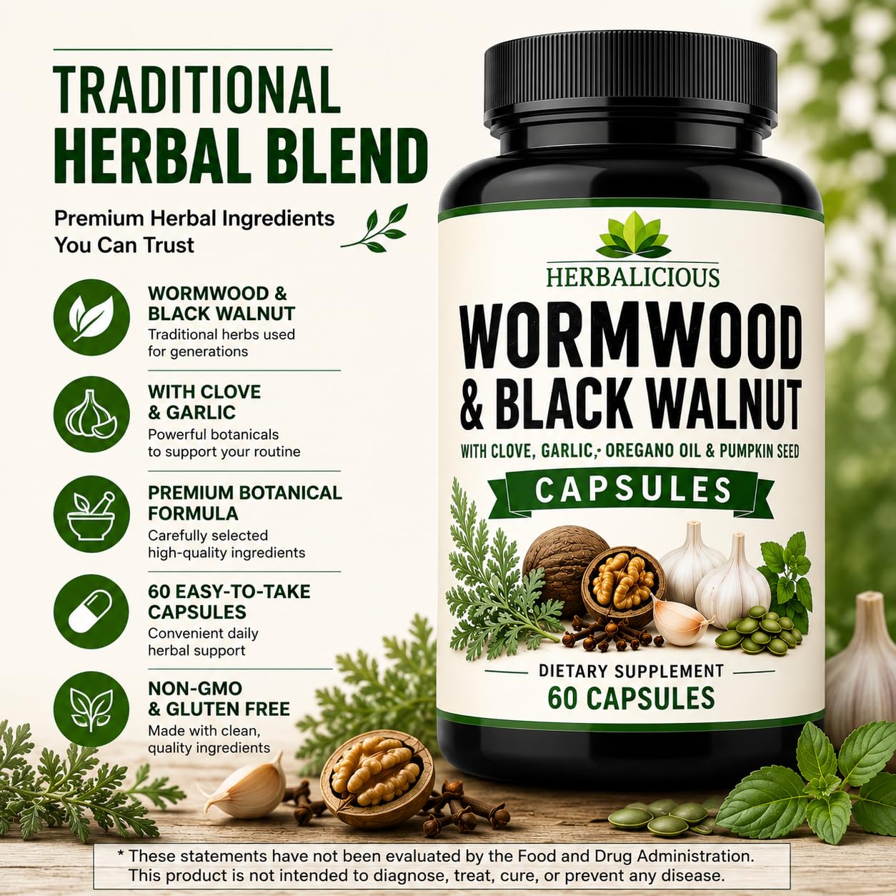 HERBALICIOUS Wormwood Black Walnut Clove Parasite Cleanse 60 Capsules