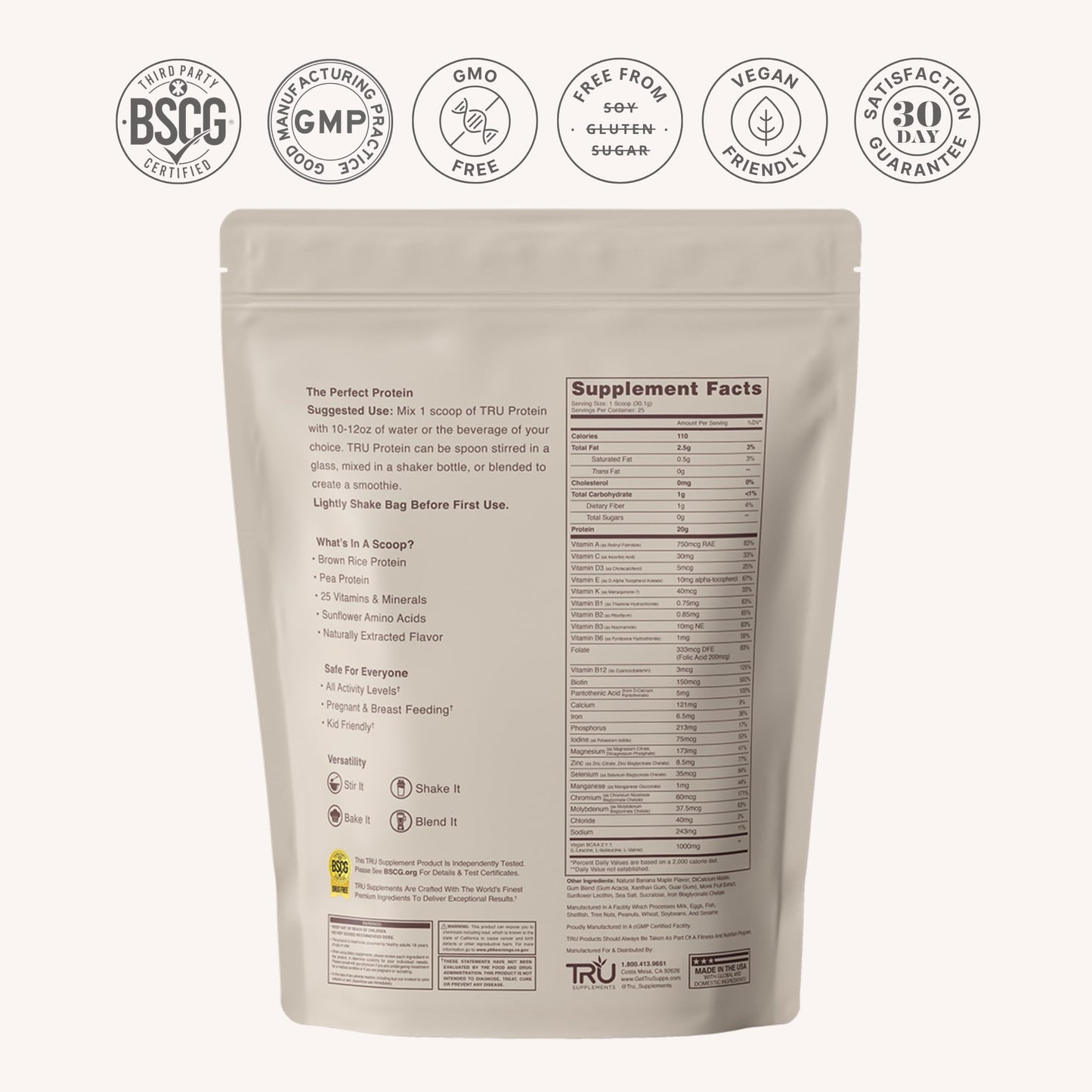 TRU Supplements Plant Based Protein Powder, Brown Rice & Pea Protein, 26.5 Servings