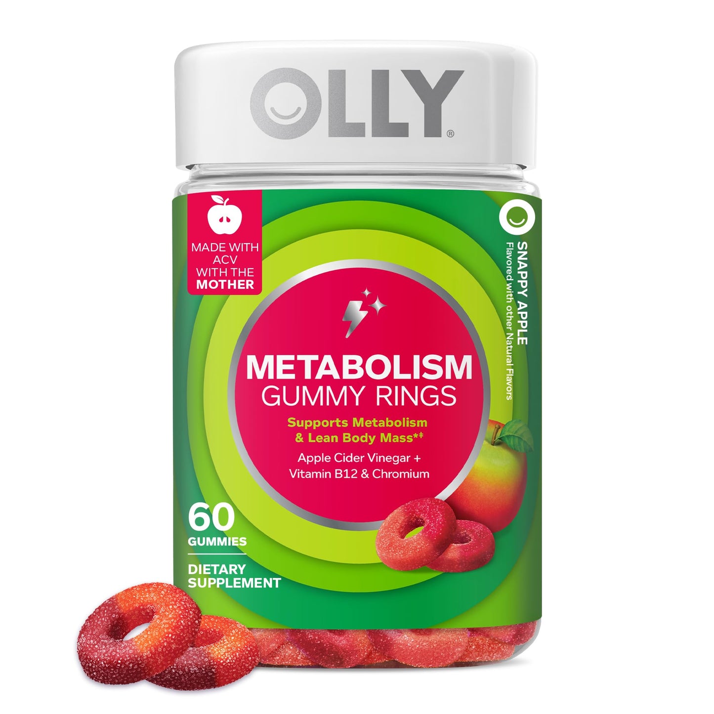 OLLY Metabolism Gummy Rings, Cellular Energy Supplement, ACV Gummy 60 Count