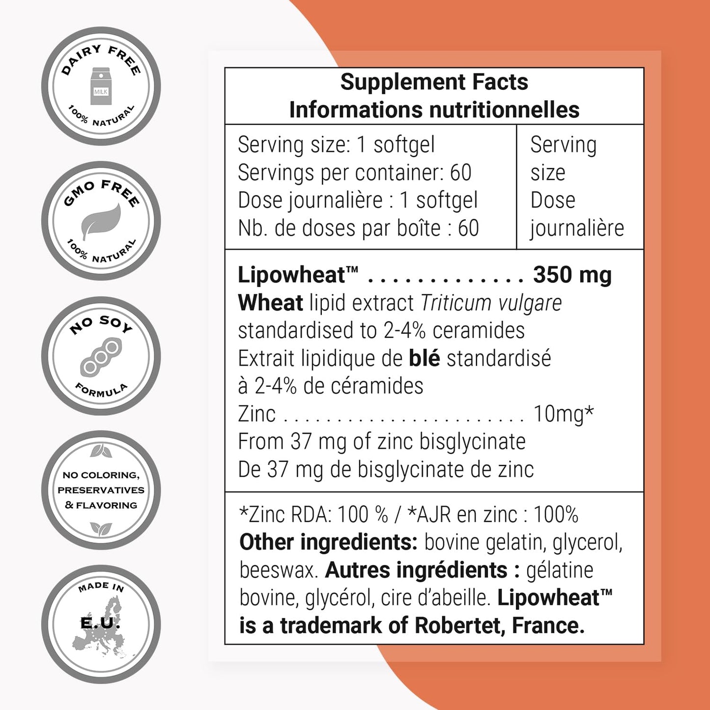 Supersmart Skin Ceramides (Patented) with Wheat Ceramides, Zinc - LipoWheat Phytoceramides Supplement - Skin Hydration & Protection, Non-GMO, 60 Softgels