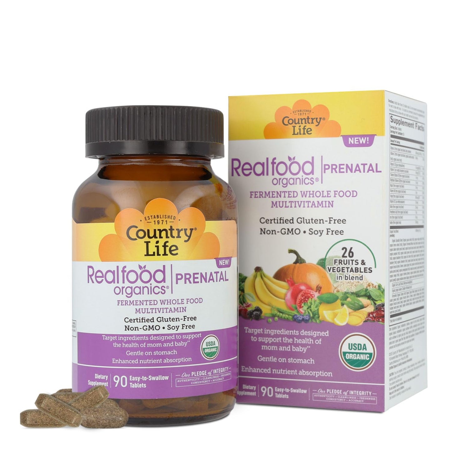 Country Life Realfood Organics Prenatal Multi - Before, During, & Post Pregnancy - Folate, D3 & Iron to Support Healthy Fetal Growth and Development*, Gentle on Stomach, Gluten-Free, Soy Free, 90 Tablets