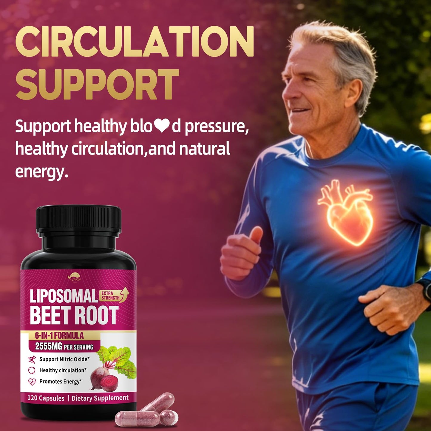 VPKIN Beet Root Capsules 2555mg for Nitric Oxide, Heart & Circulation Support with Olive Leaf & Hawthorn Berry, Vegan, 120 Capsules