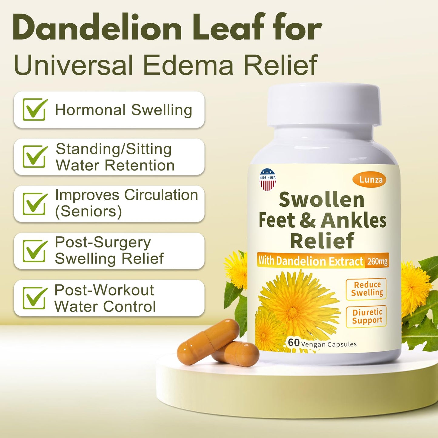 Netrca Swollen Feet and Ankles Relief with 260mg Dandelion, Edema Relief for Legs, Feet & Ankles, Water Retention, Fast-Acting Formula, Natural Ingredients, 120 Capsules