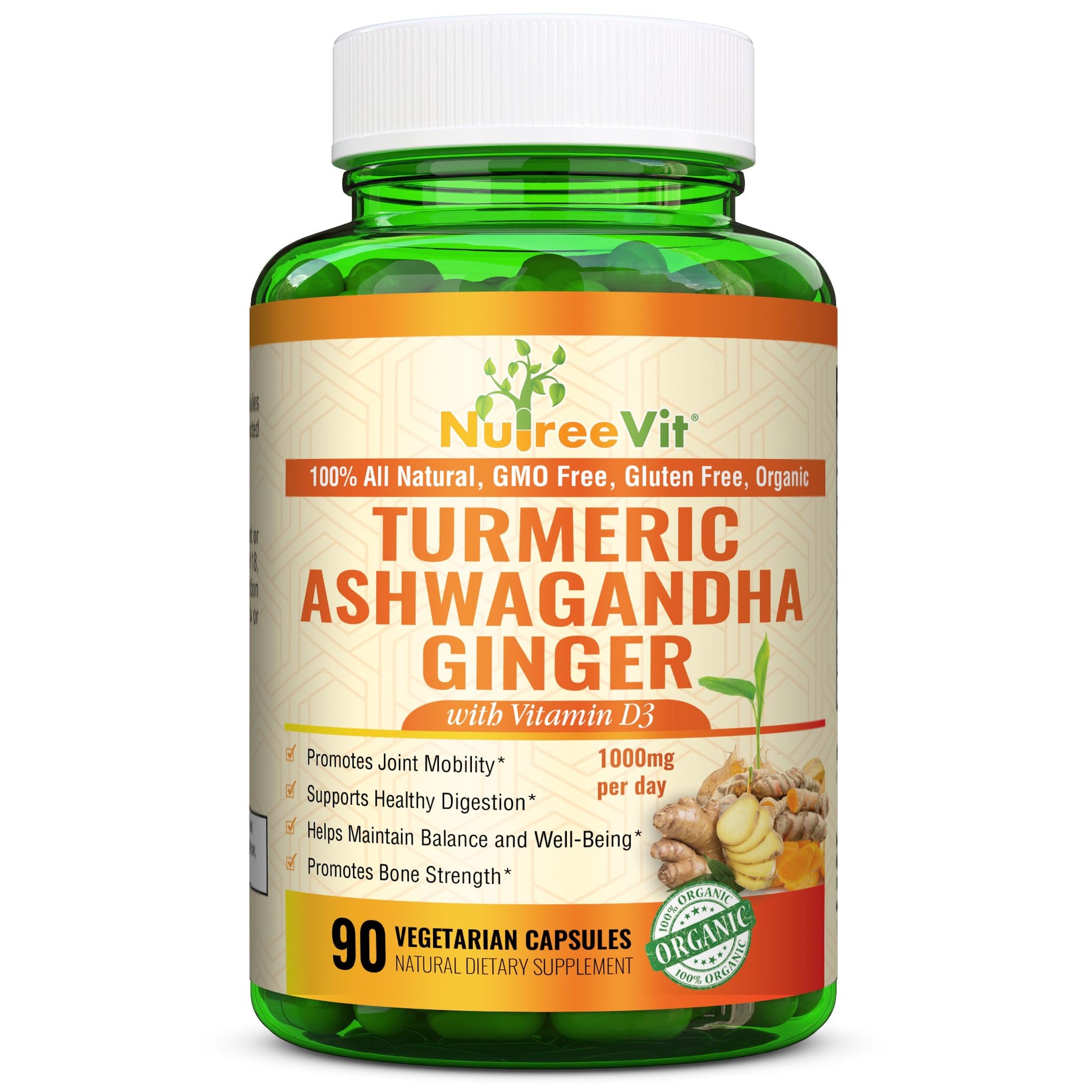 NutreeVit Organic Turmeric with Ashwagandha & Ginger Capsules 90 Count