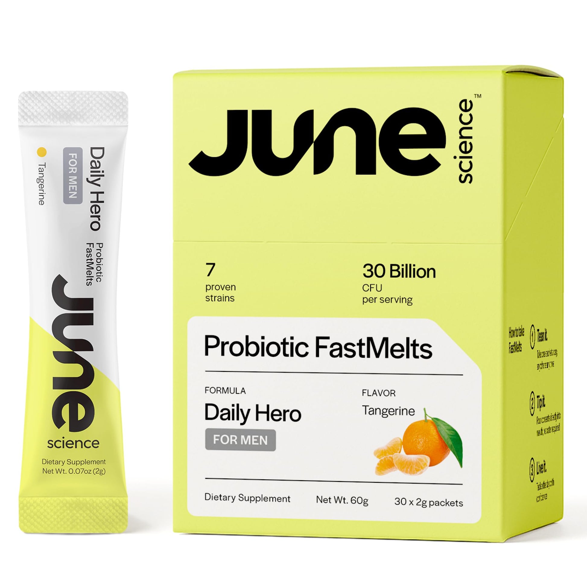 June Science Daily Hero for Men Fast Melt Pre + Probiotic for Men - Tangerine Flavor Powder, 2.1 oz