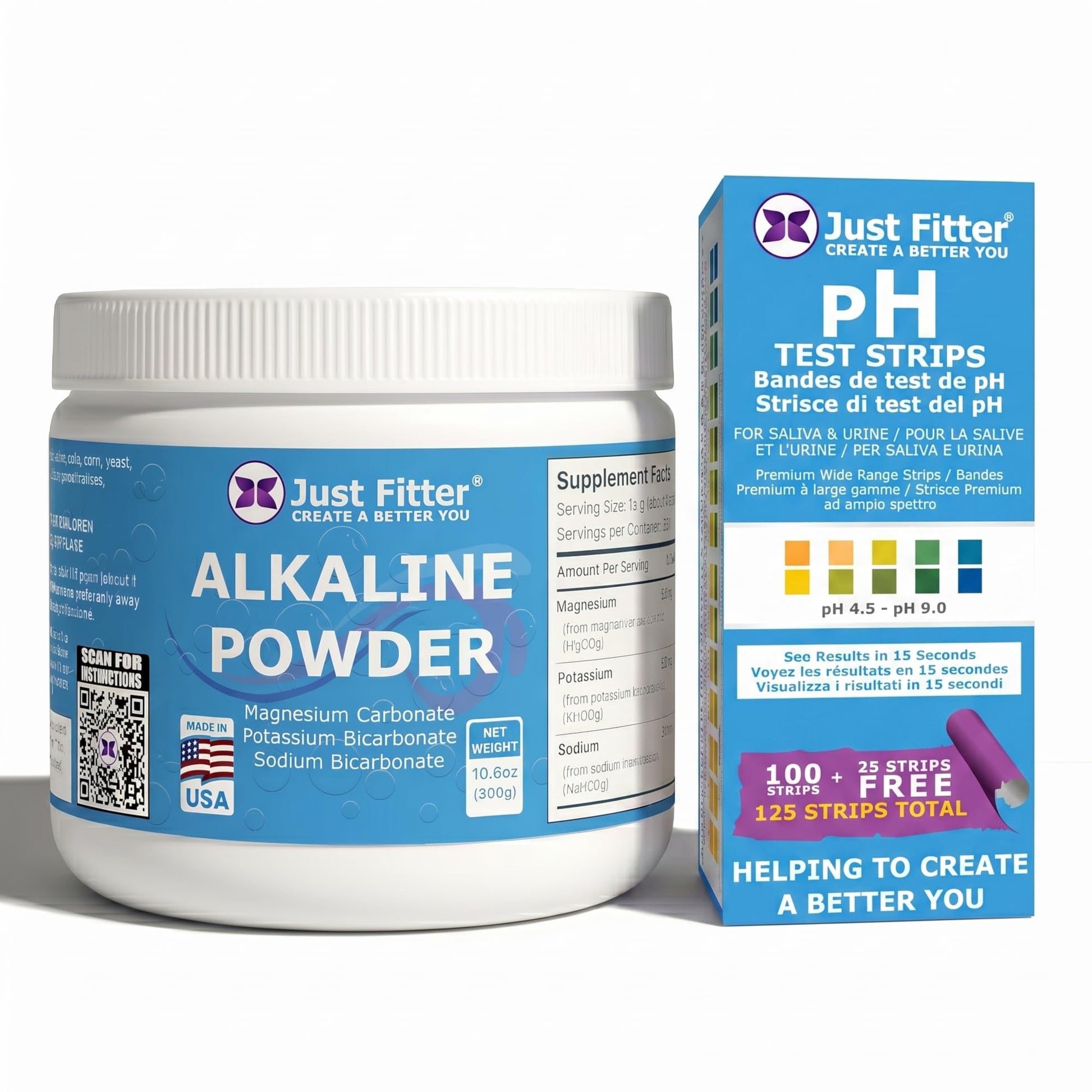 Just Fitter pH Balance Kit – Alkaline Mineral Blend for Hydration & pH Focused Lifestyles + pH Test Strips for Urine & Saliva, Powder, 11 oz