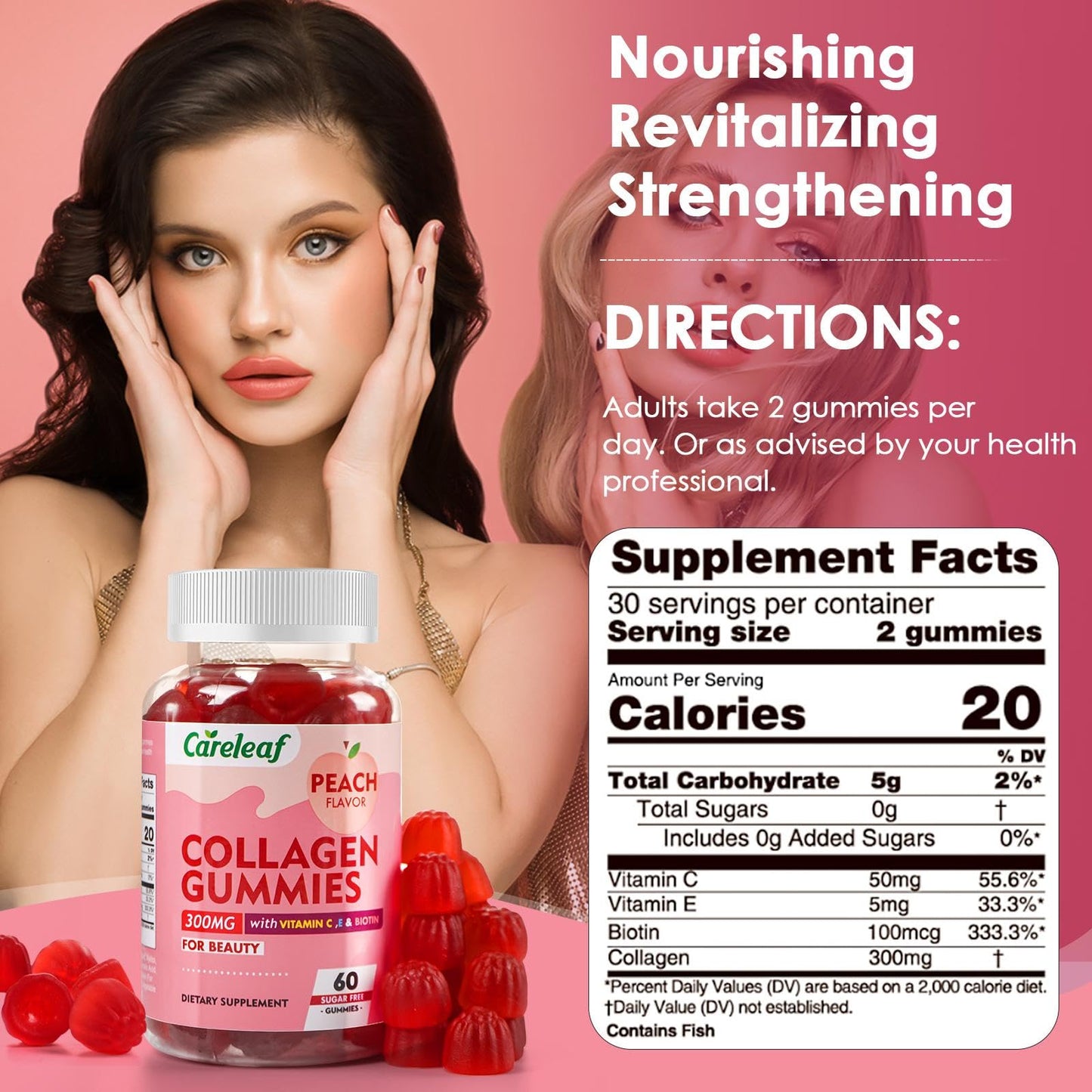 careleaf Sugar Free Collagen Gummies with Vitamin C, Vitamin E and Biotin, Natural Hydrolyzed Collagen 300mg, Peach Flavor, 60 Gummies