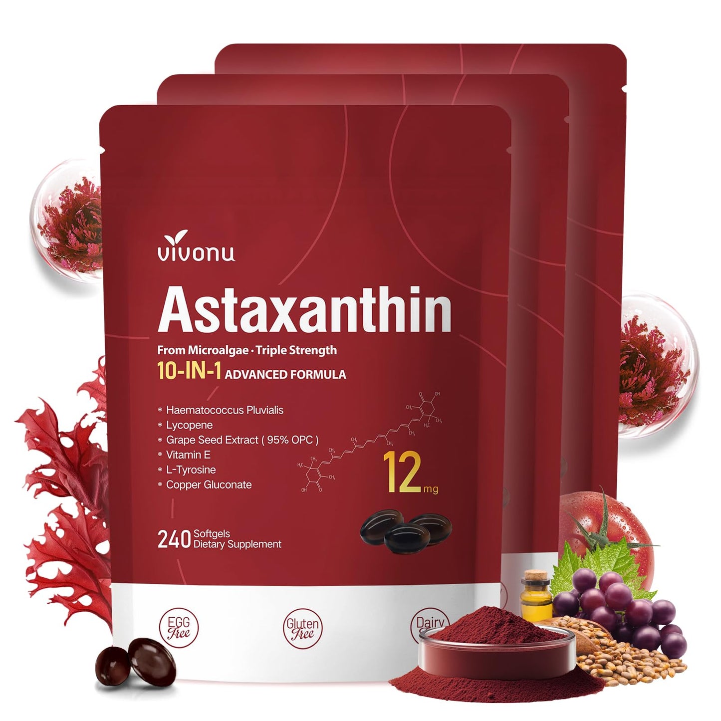 VivoNu 10 in 1 Astaxanthin Supplements Softgels 240 Count