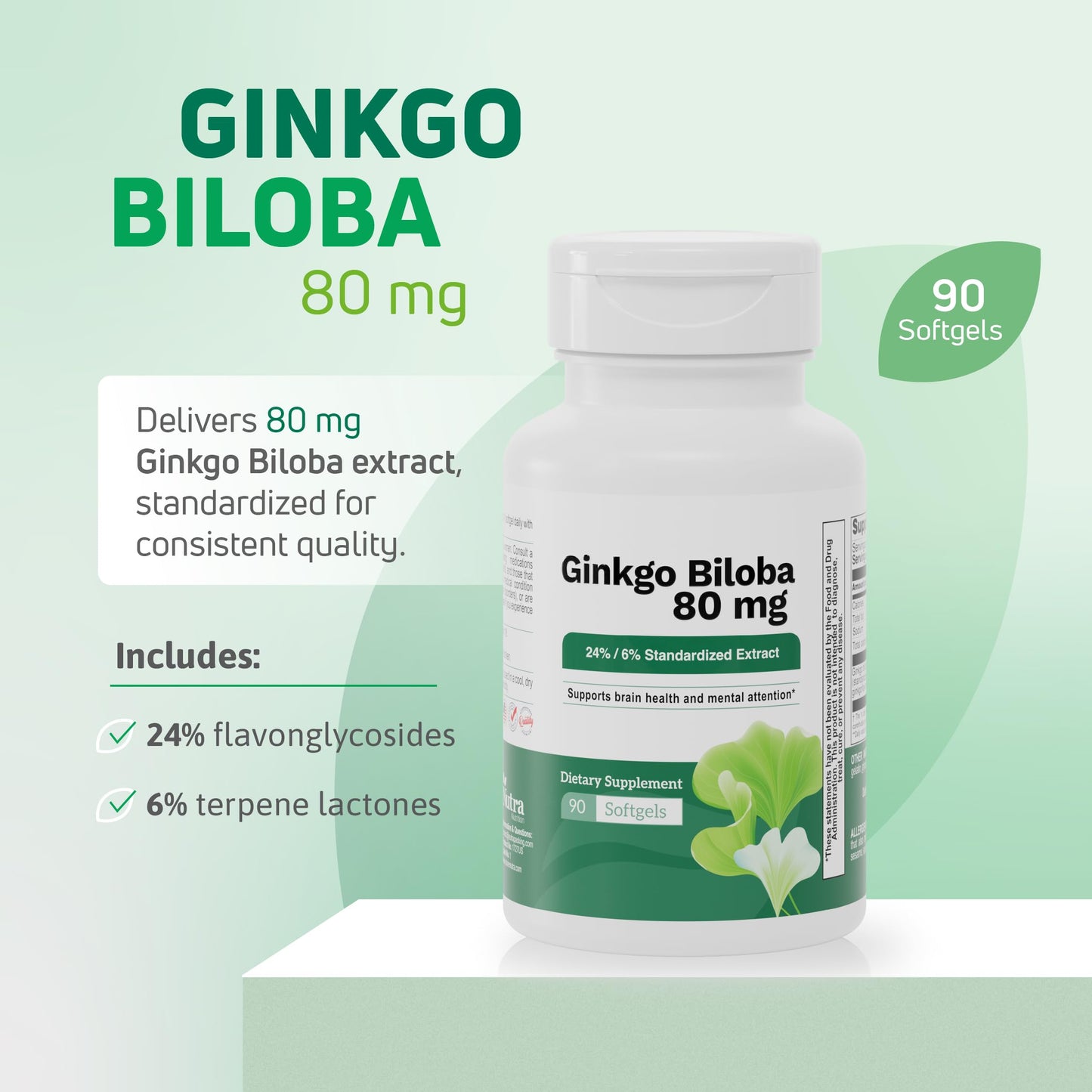 Nutra Nutrition Ginkgo Biloba Supplement 80 mg Capsule, 60 Count