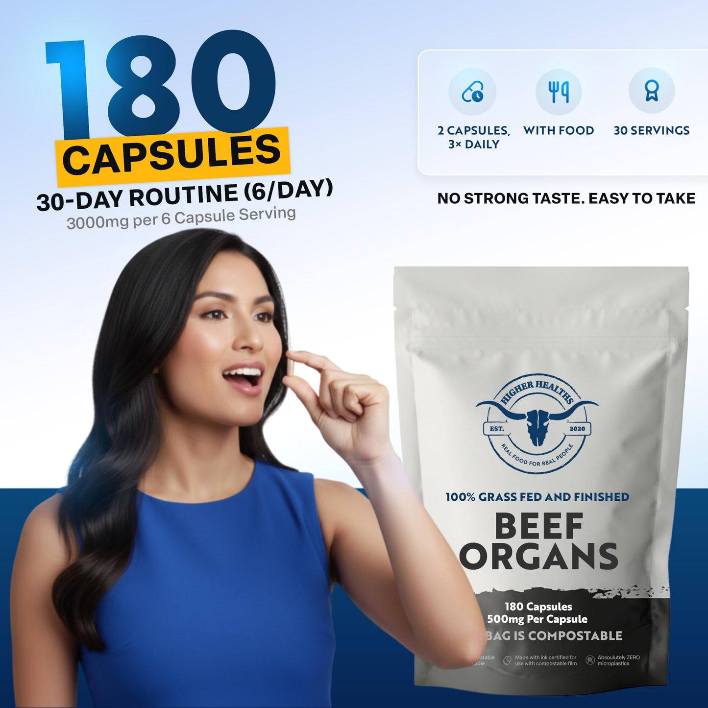 Higher Healths 100% Grass Fed Beef Organs Freeze-Dried Organ Blend 180 Capsules