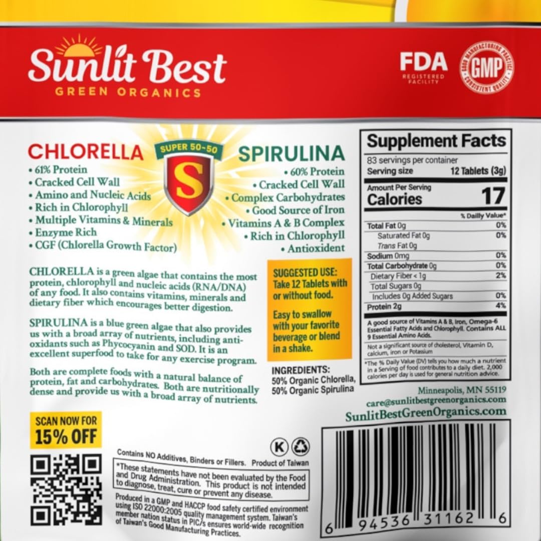 Sunlit Best Green Organics Chlorella Spirulina Tablets 1000 Tablets