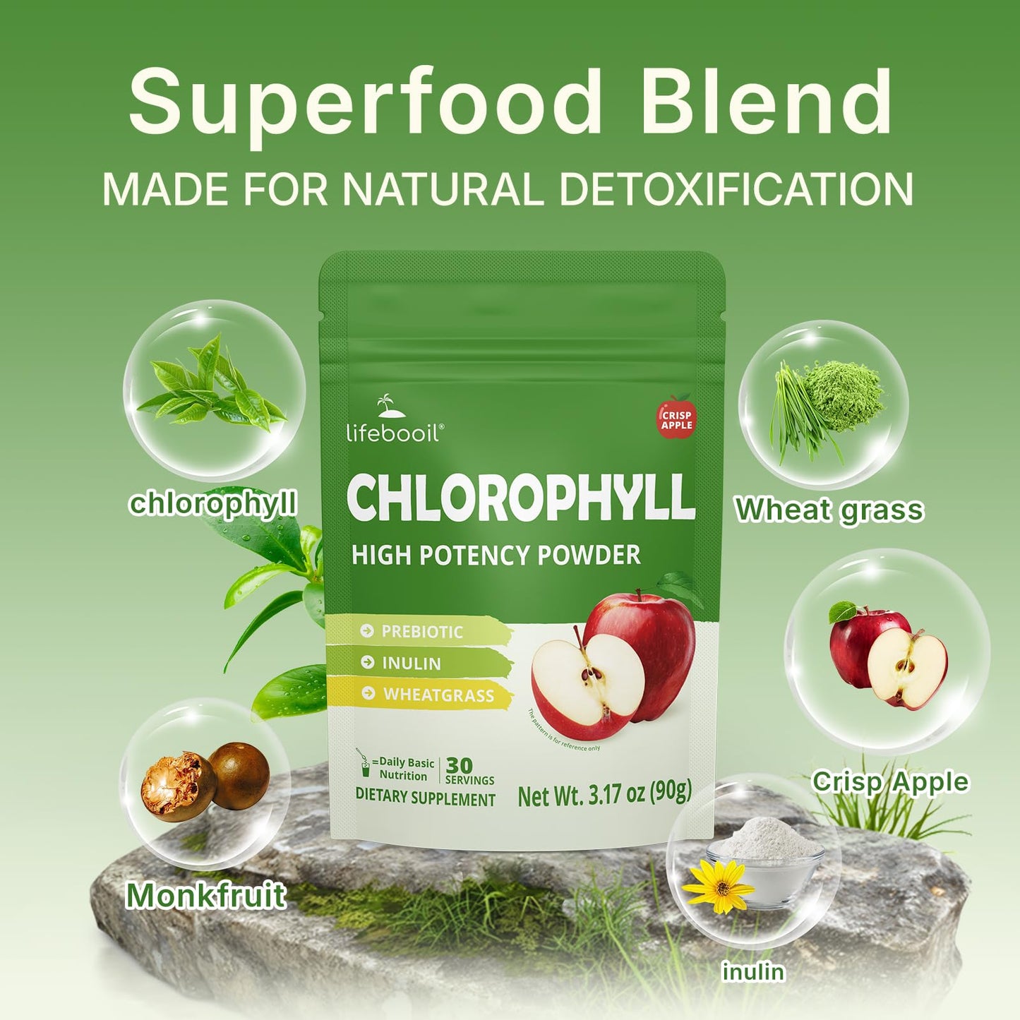 Lifebooil Chlorophyll Powder, 3.17 Ounce, 120mg Clorofila for Drinking – Supports Alkalization, Gut Health & Clean Energy – 30 Servings (Crisp Apple)