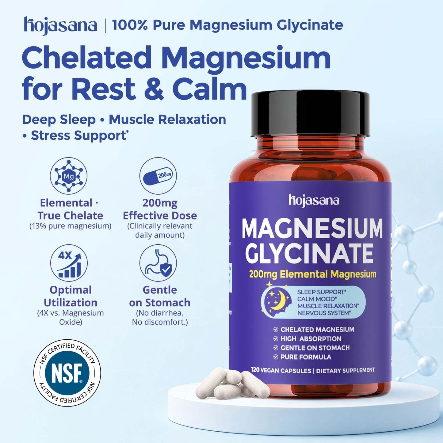 HojaSana Magnesium Glycinate 200mg Chelated High Absorption Capsules, 120 Capsules