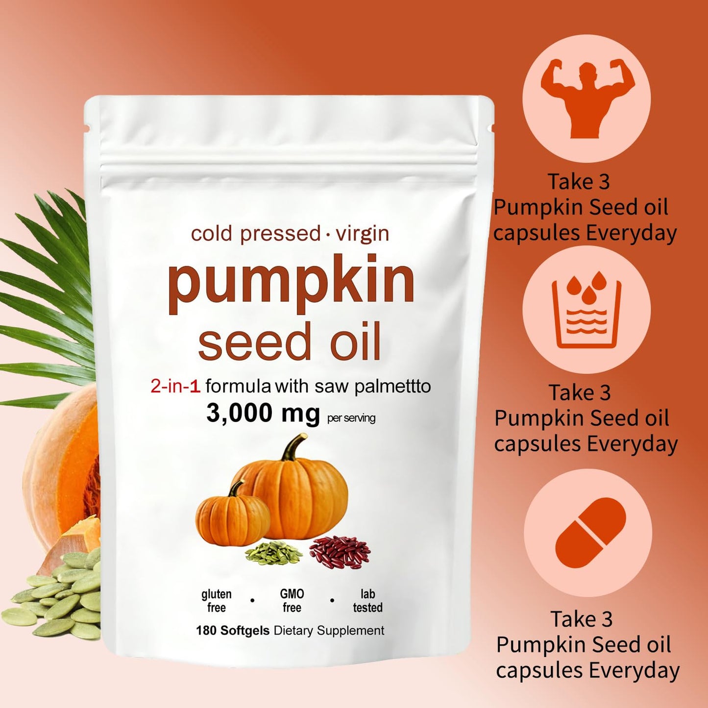 KITABIO Pumpkin Seed Oil Capsules with Saw Palmetto 3000mg Cold Pressed for Hair Growth - Non-GMO, 180 Softgels
