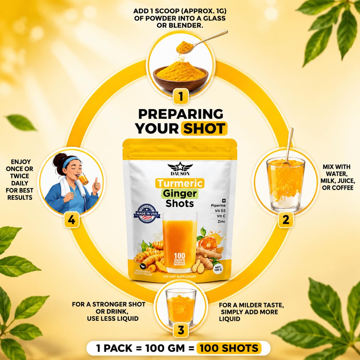 DAUSON Turmeric Shots for Joint Pain, Immune Boost, Gut Health Powder 100 Servings