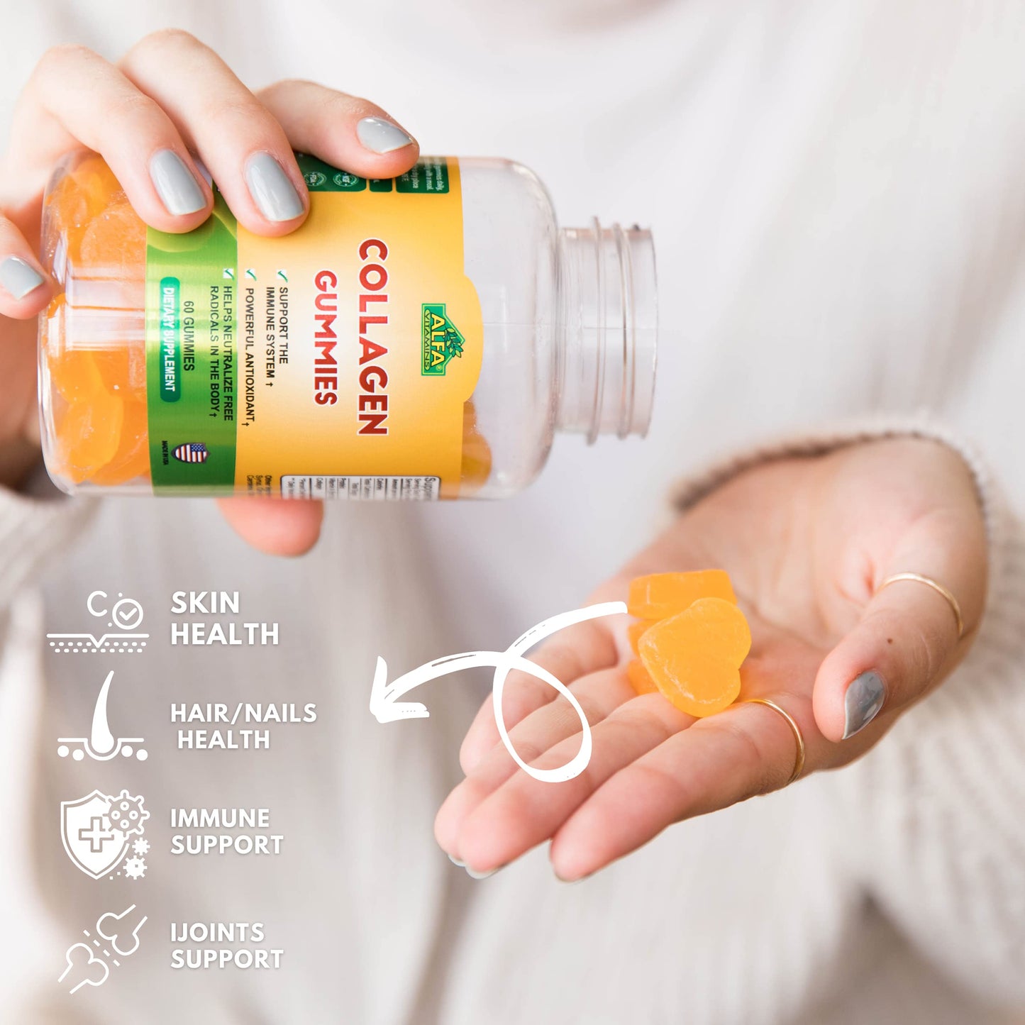 ALFA VITAMINS Collagen Gummies with Vitamin A for Skin Health, Hair & Nails Growth Supplement for Men and Women, Non-GMO, Gelatin-Free, 60 Gummies