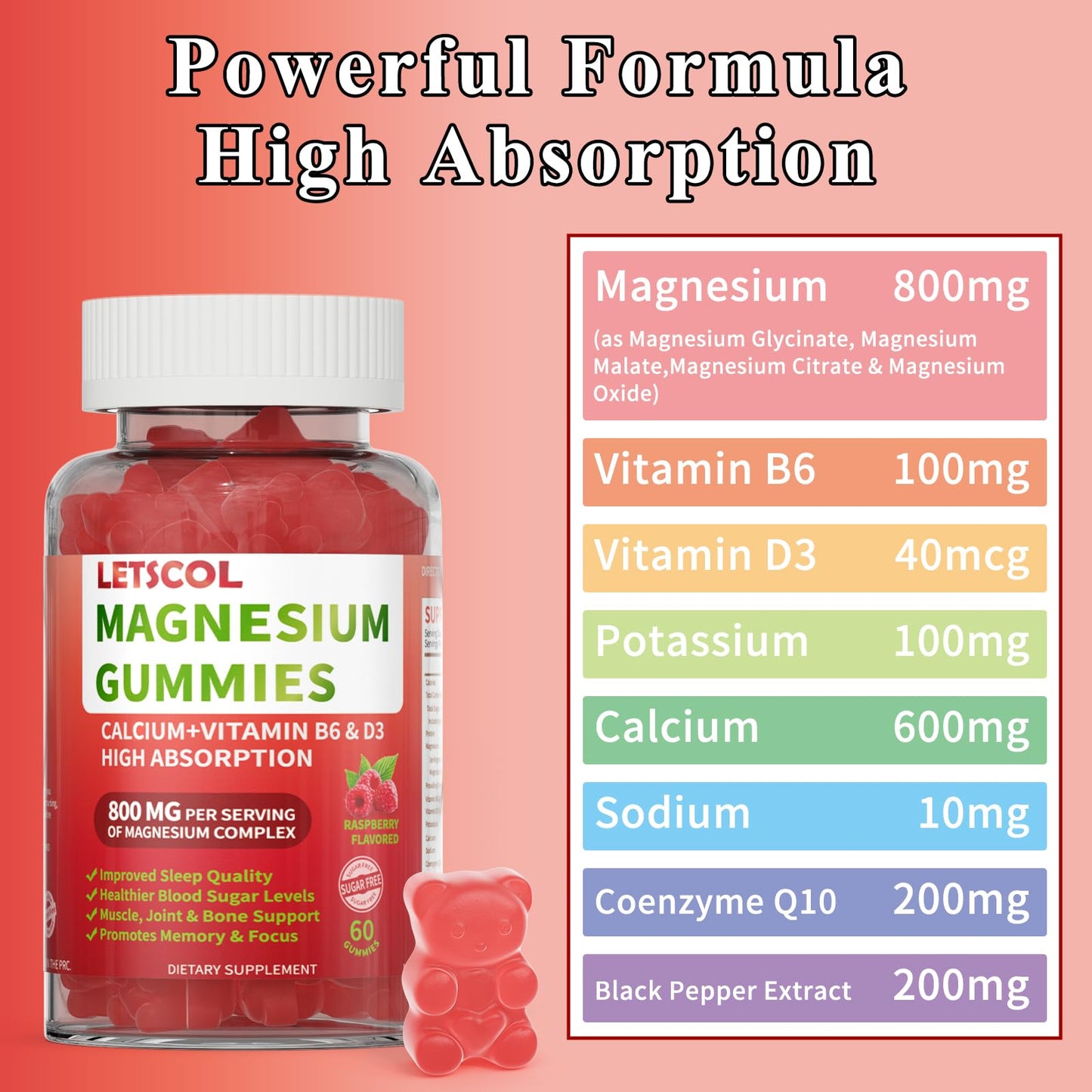 LETSCOL Magnesium Glycinate Gummies 800mg per Serving, 60 Count
